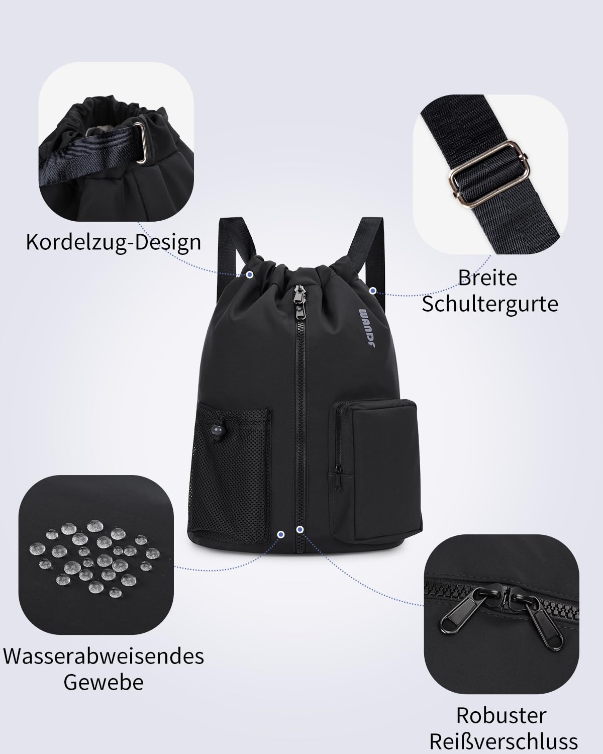 WANDF Turnbeutel mit Schuhfach, Sportbeutel Wasserabweisend,Gym Bag mit Kordelzug für Damen Herren Kinder,Große Kapazität Rucksack für Sport,Schwimmen,Reisen,Schule (Schwarz)