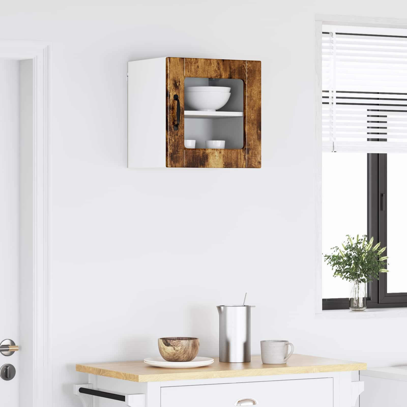 Armadietto da parete in vetro Porto, rovere affumicato, 40 x 31 x 40 cm, moderno mobile da cucina da parete in legno, molto spazio, elegante, robusto, per cucina e dispensa