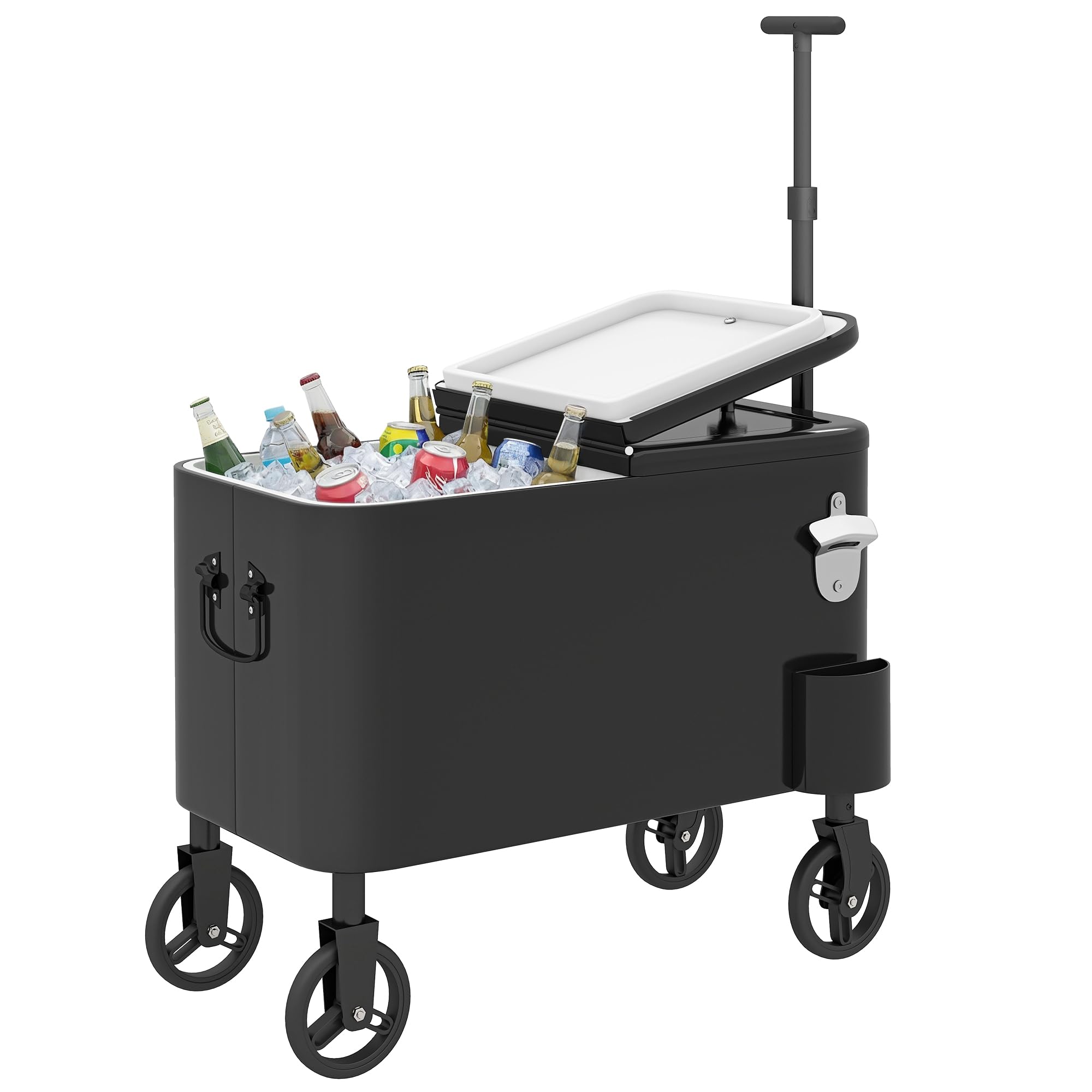 Outsunny Carrito Nevera de 56L con Ruedas, Carro de Bebidas con Mango Ajustable, Abrebotellas, Recogetapas, Drenaje y Asa, Mesa Nevera Jardín Exterior para Patio, Fiesta, BBQ, 75x35x120 cm, Negro