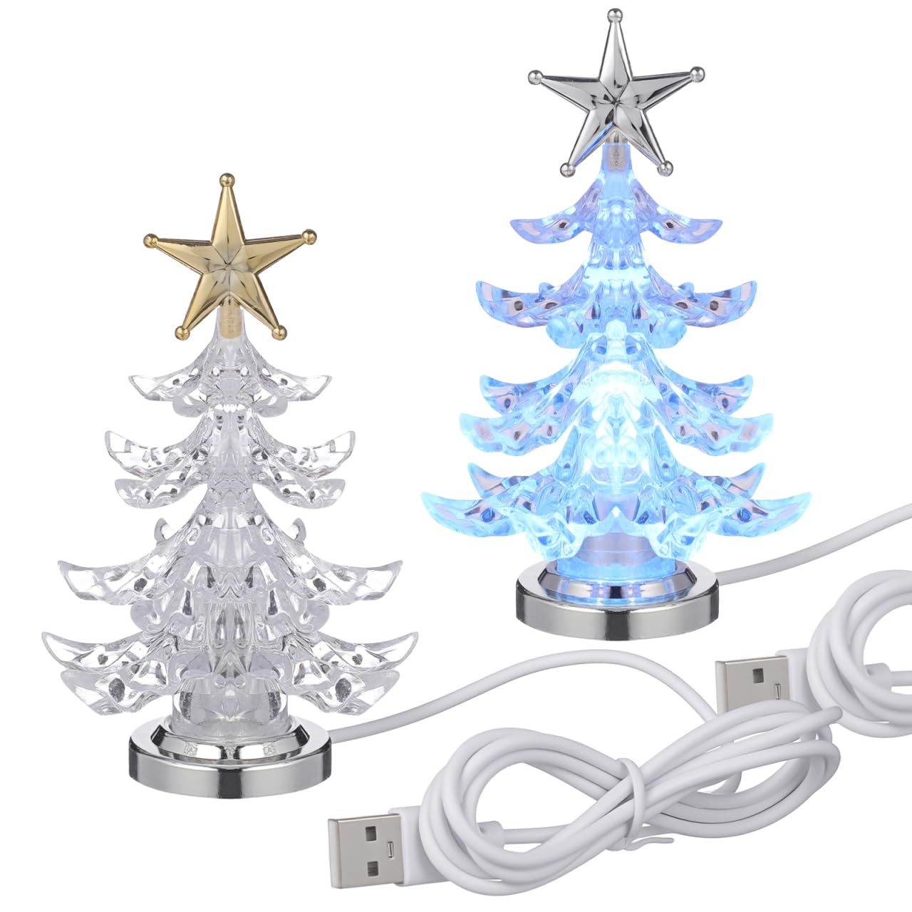 Veemoon 2pcs Acrylic Christmas Tree Night Light, 7 Colorful USB Led Glowing Christmas Tree Light Xmas Table Centerpiece Lamp Decoration with Star - Rgb Color Changing - for Home Party Favor (4. 3 In)