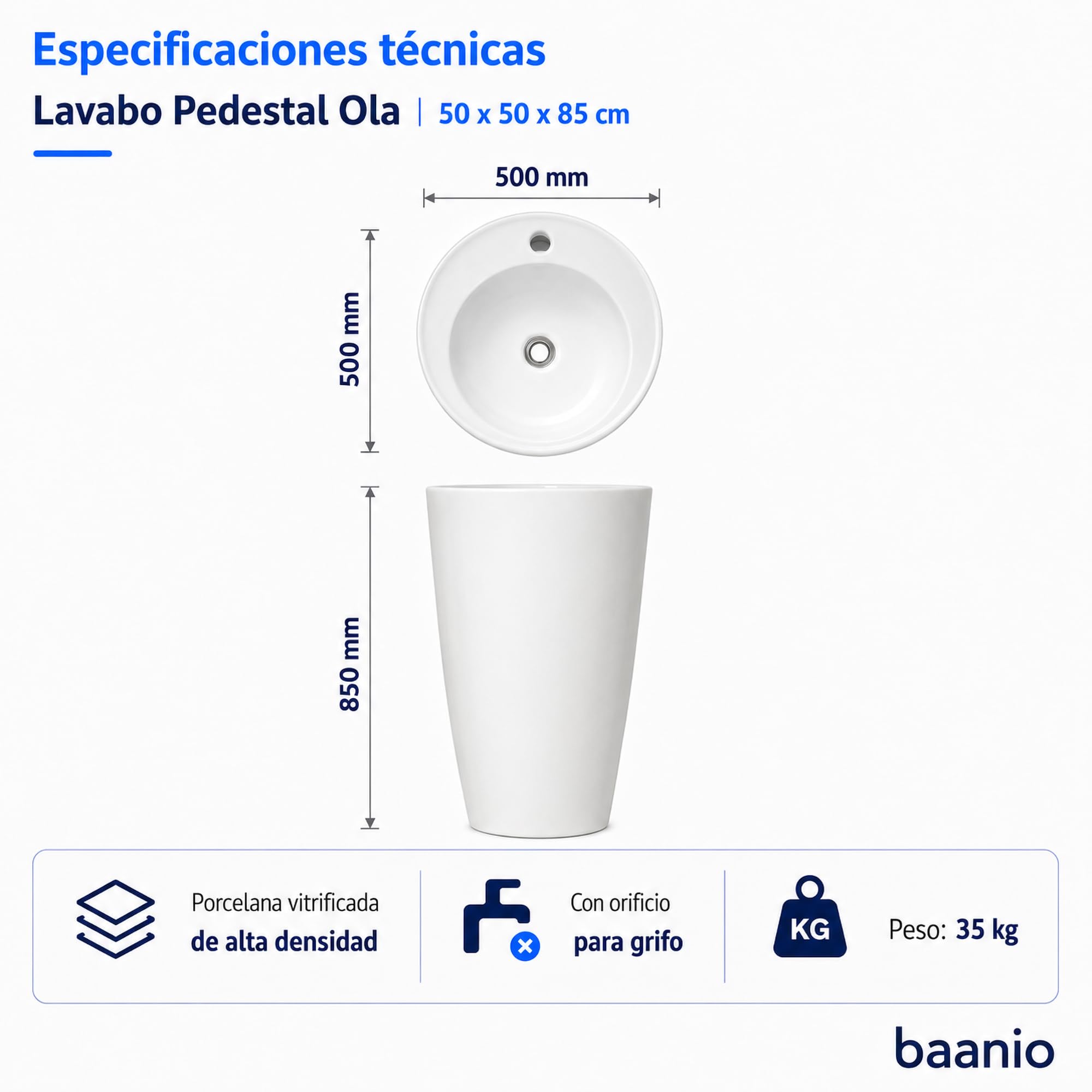 Ola - Lavabo Pedestal Redondo 50 cm - Cerámica Blanco Brillo - 1 Pieza sin Juntas - Herrajes Incluidos