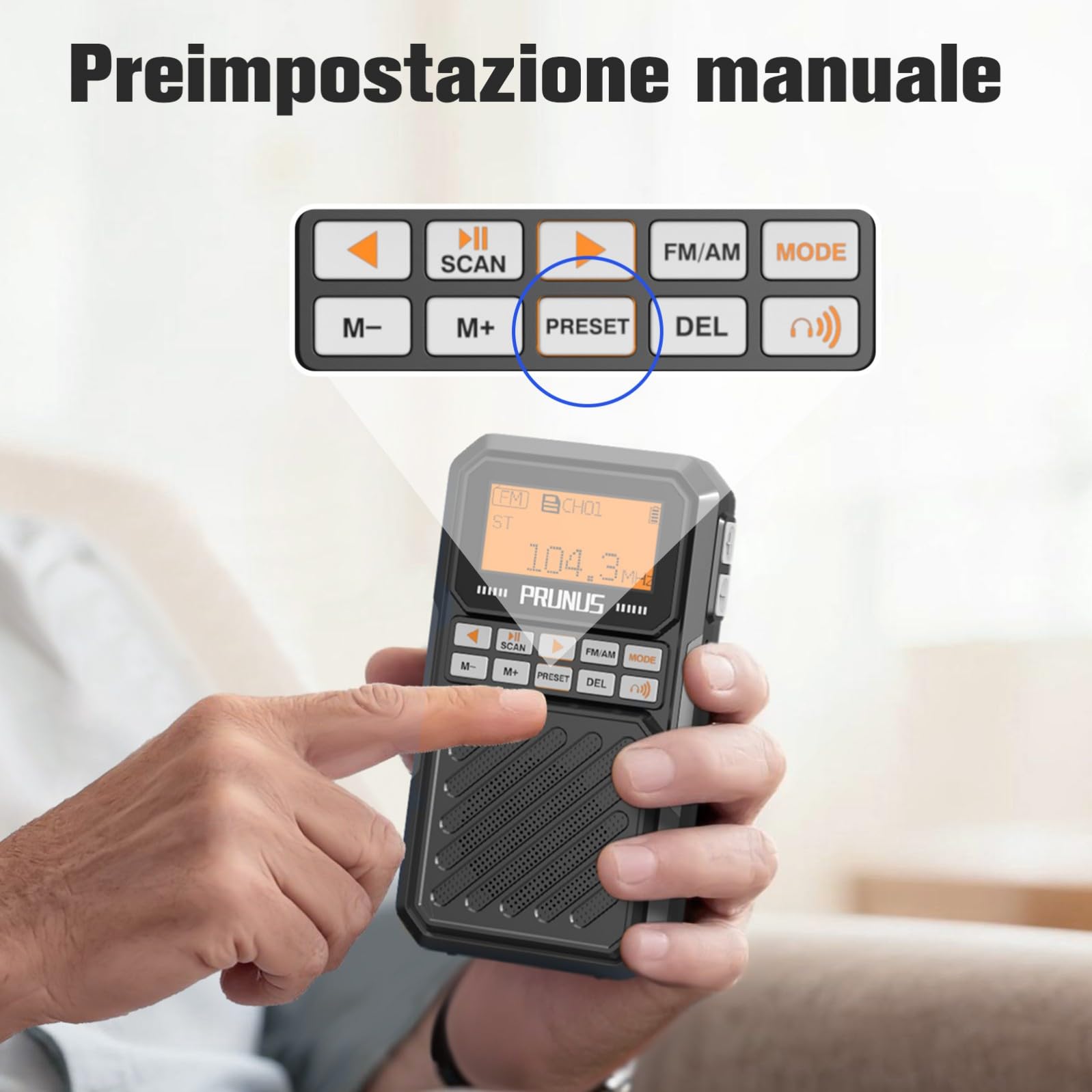 PRUNUS J-525 Radio Portatile AM/FM con Connessione per Auricolari Bluetooth, Mini Radiolina Ricaricabile da 2500 mAh, Radio Digitale con Jack per Cuffie, Slot per Scheda TF, Timer di Sonno.