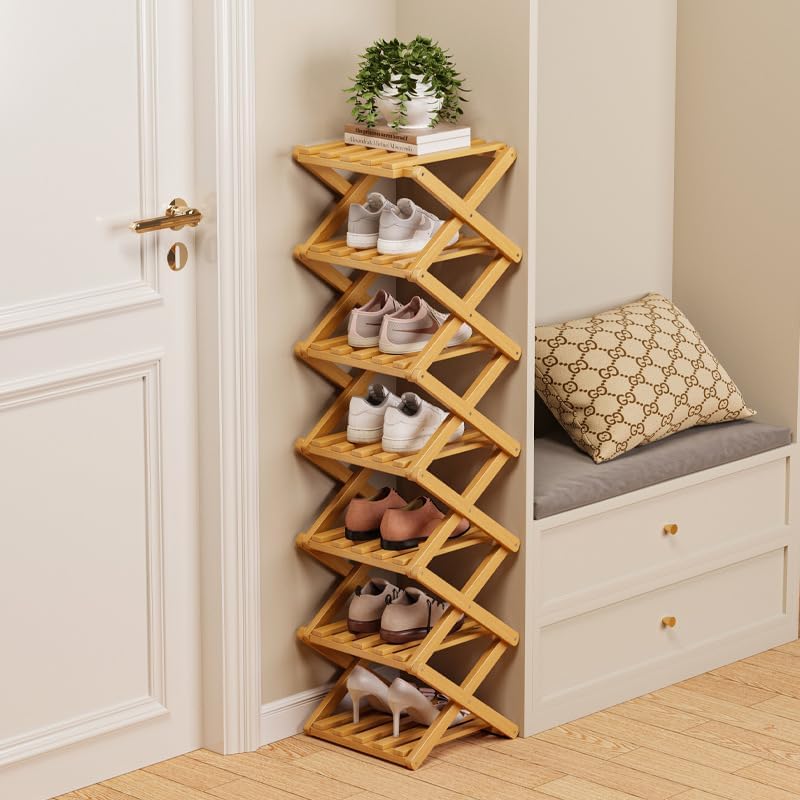 Bamboo Shoe Rack Organizer, 2-10 Tiers, Natural or Tea Color, No-Tool Assembly, Foldable Storage Shelf (No Installation 10 Layer 30-Brown)