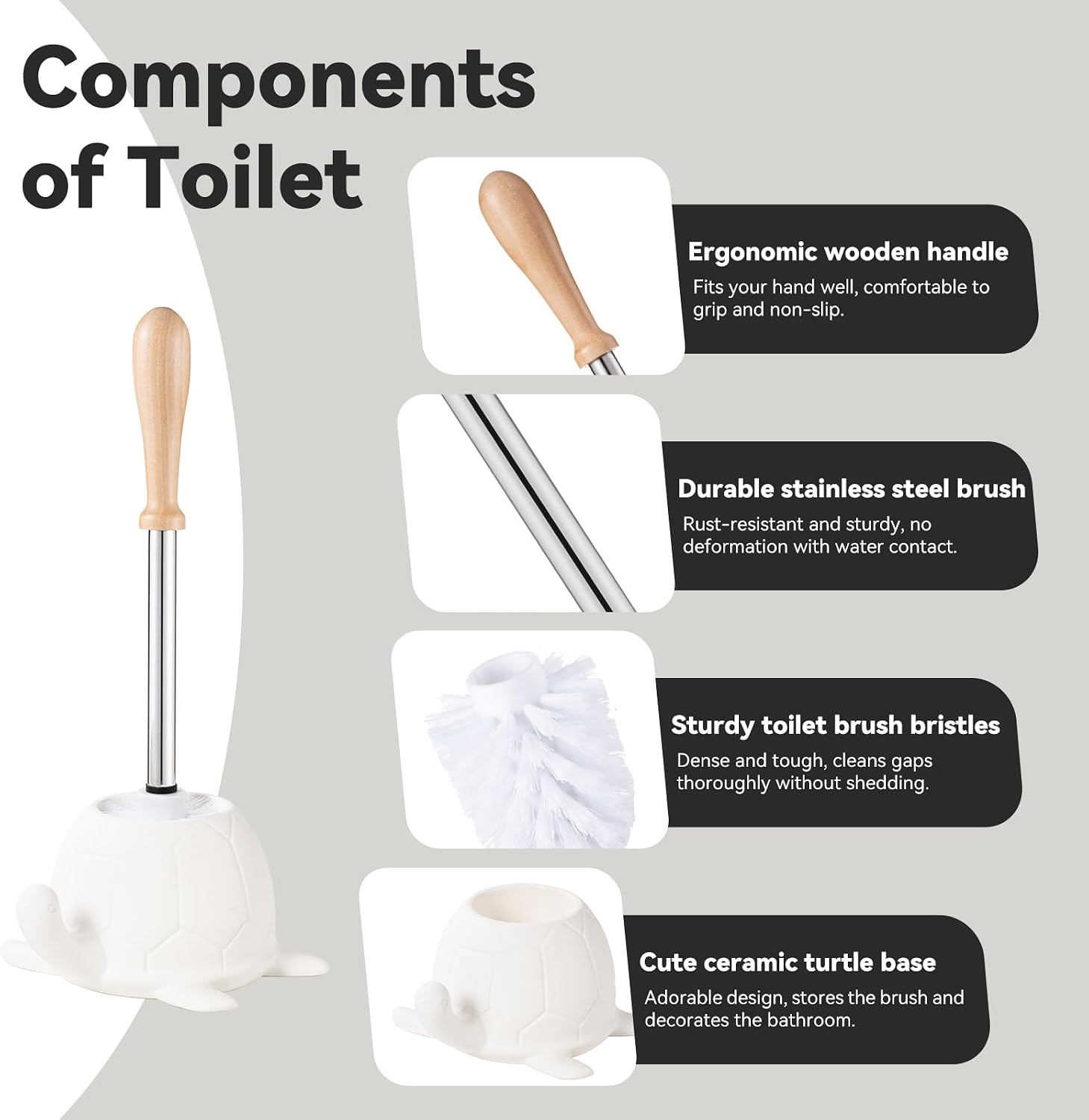 Turtle Base Toilet Brush and Holder Set - Ceramic Toilet Bowl Cleaner Brush, DIY-Paintable Toilet Base Bathroom Brush for Home & Commercial Use - White