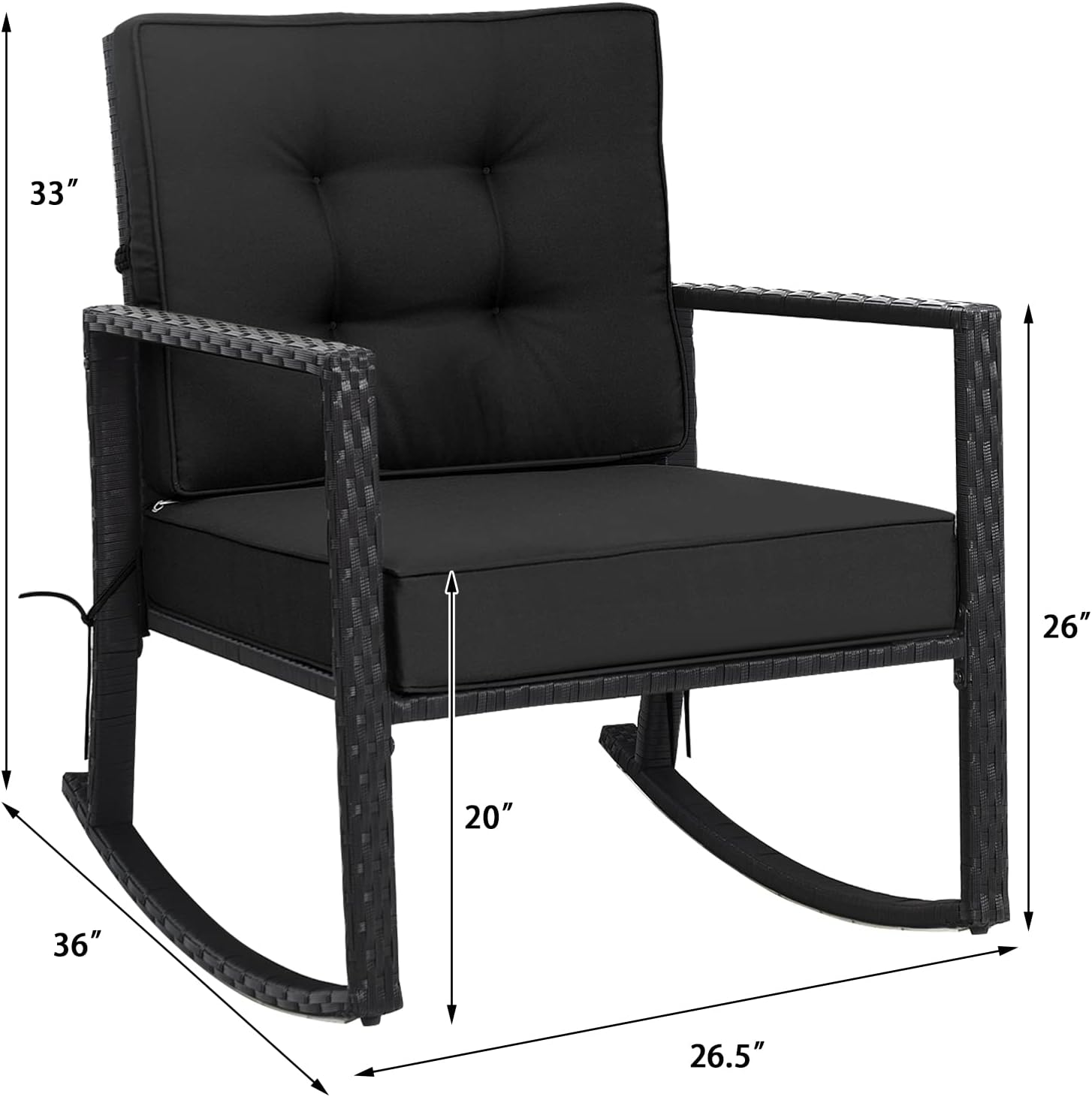 FANTASK Wicker Rocking Chair with Cushion, Outdoor Rattan Chair with Steel Frame & Armrest, Patio Rocking Chair for Backyard, Poolside, Porch, Balcony (Black)