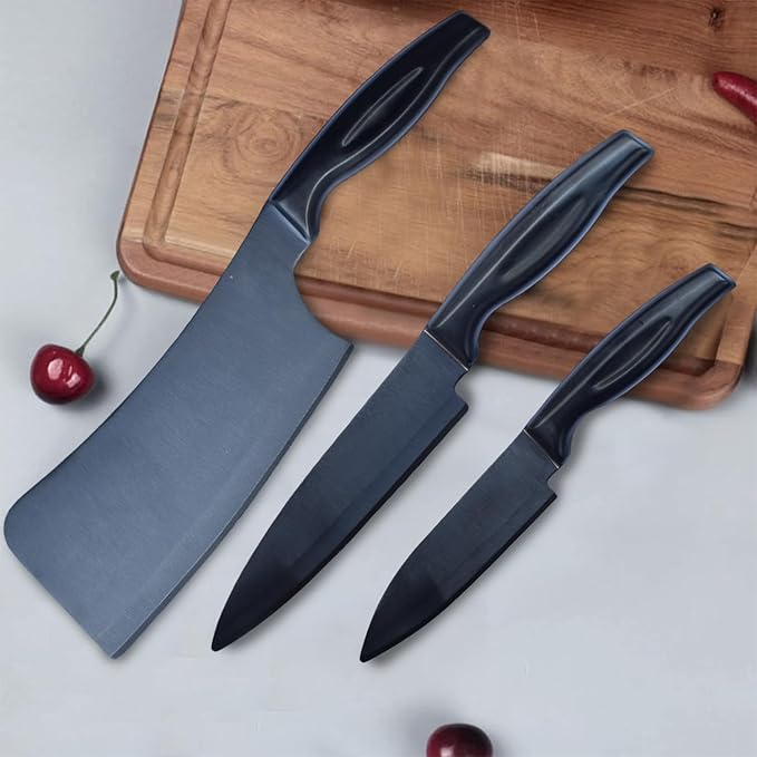 Buy Frenchware Premium Kitchen Knives Set of 3, High-Carbon, Sharp Blades, 100% Food-Grade, Black-Coated Chef Knife, Utility Knife, Chopper Knife, Non-Slip Handle, Easy-to-Clean at Rs. 399