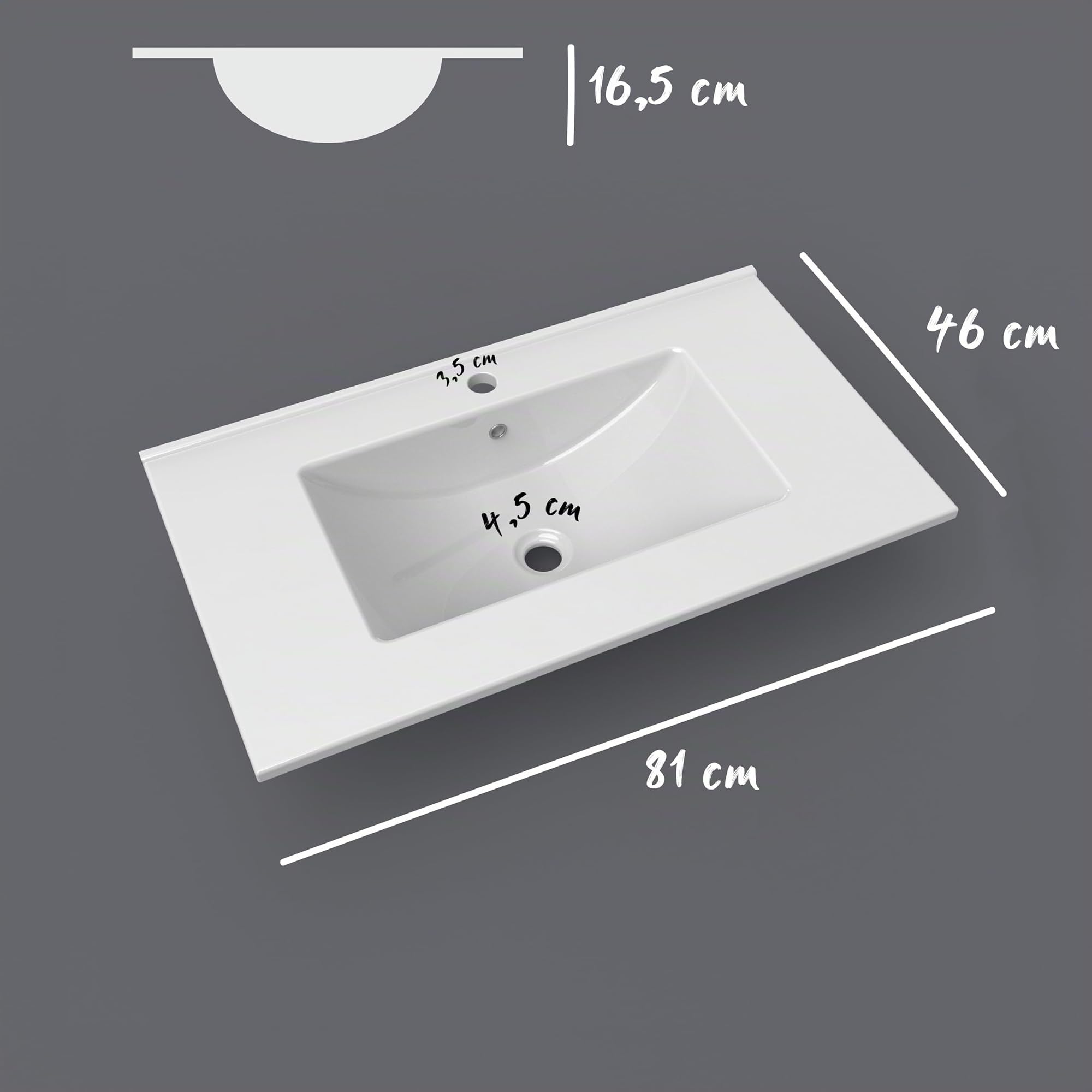 Lavabo encastrado 80, Cerámica blanca, 16,5x81x46 cm