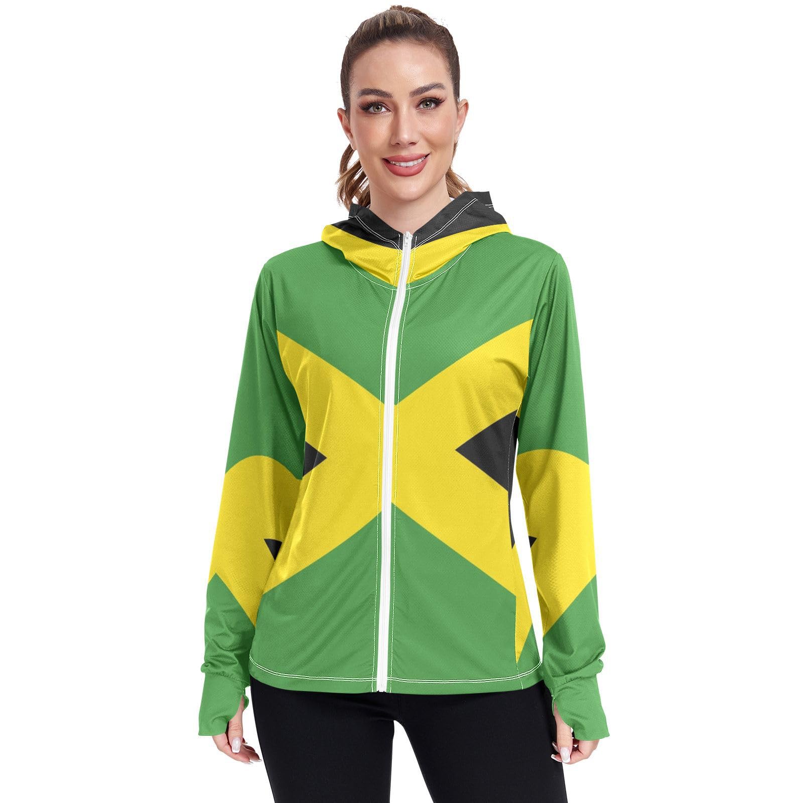 Jamaica Flag Womens UPF 50+ Sun Protection Hoodie Jacket Lightweight Long Sleeve Sun Shirt with Pocket Multicoloured
