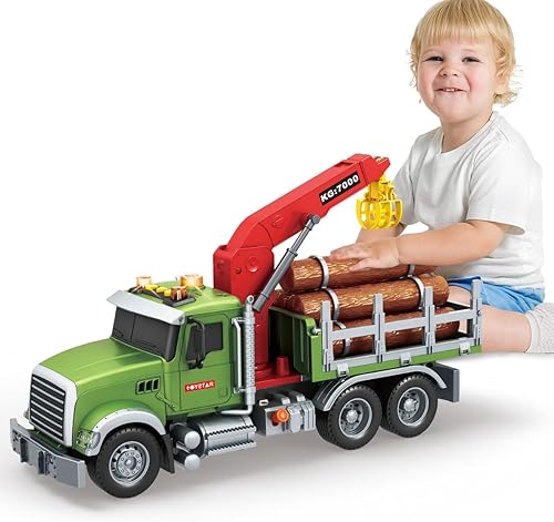 Wenbeier Camión de granja de juguete para niños, camión de madera grande de 15 pulgadas con grúa de carga y 6 maderas, camión de troncos con sonido