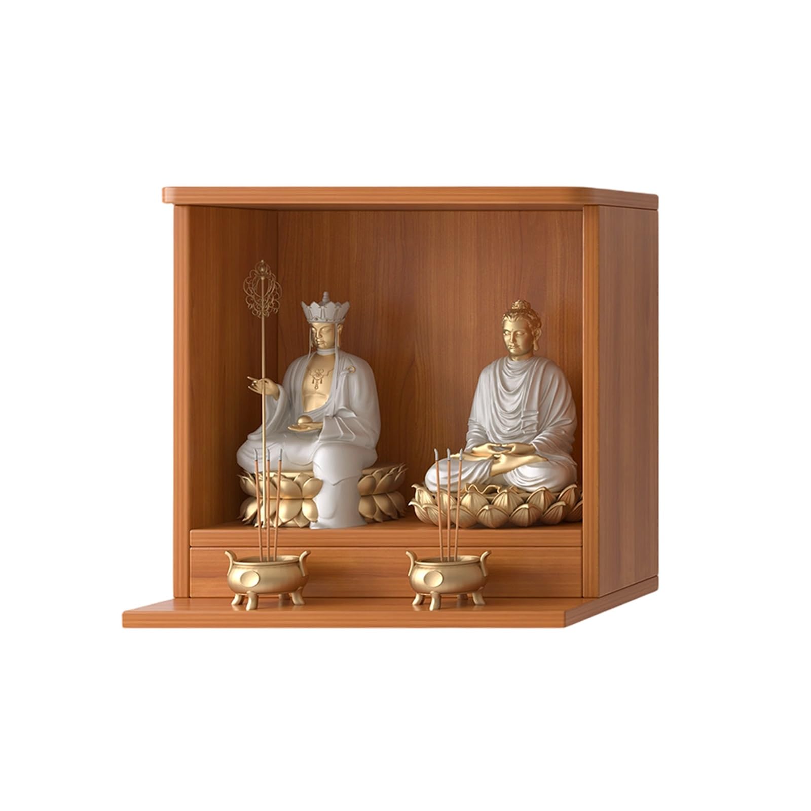 JNTFNE Wall Mounted Buddha Shrine Altar Cabinet, 17mm Thick Wood Prayer Table with Extended Tray, Feng Shui Worship for Home & God Statue Display(Mahogany,XL Raised Base)