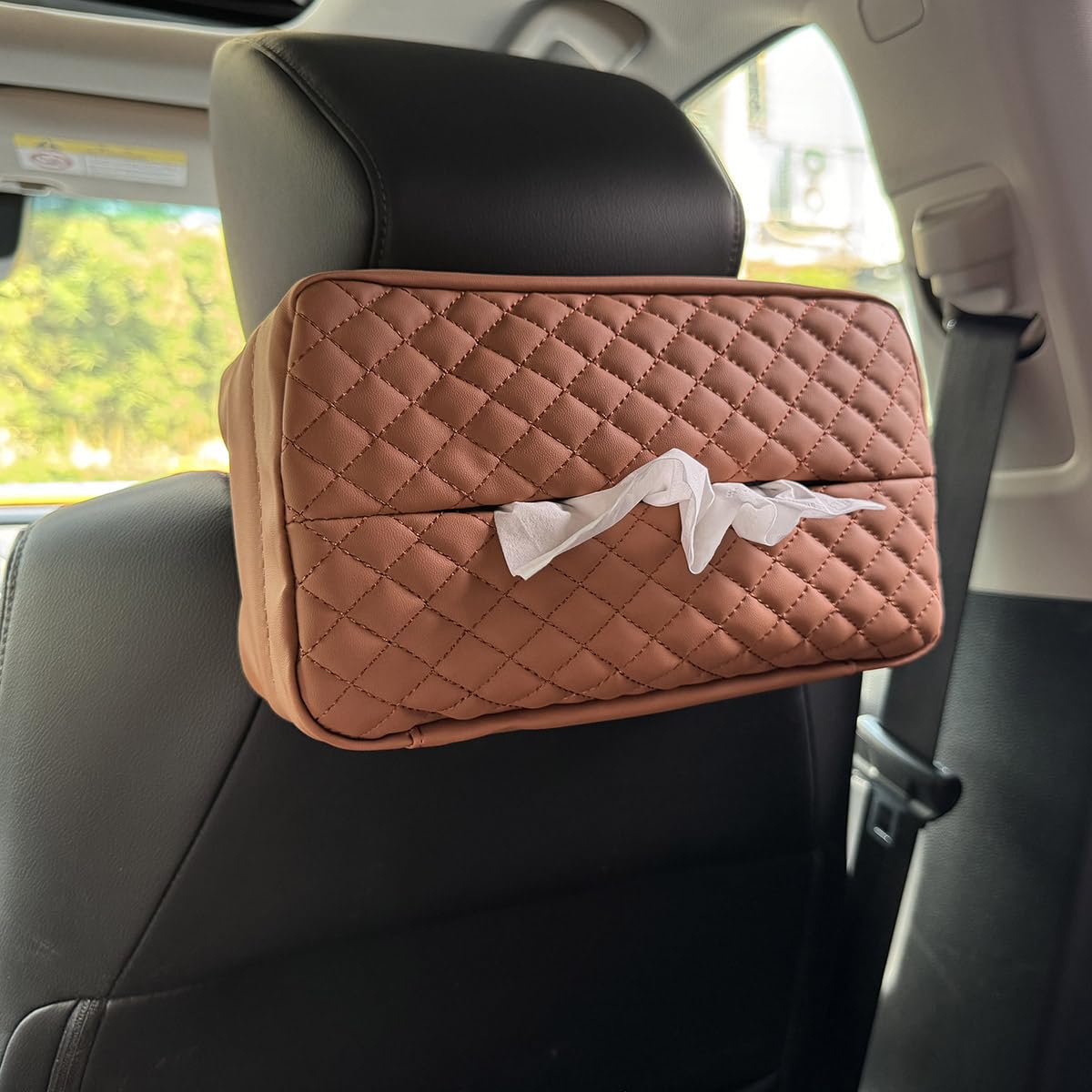 Car Tissue Holder for 120 Standard Tissue Boxes, Facial Tissue Holder for Auto Headrest, Faux Leather Napkin Box Cover, Large Capacity Car Tissue Dispenser Fits for 120 Kleenex Tissues Box (Brown)