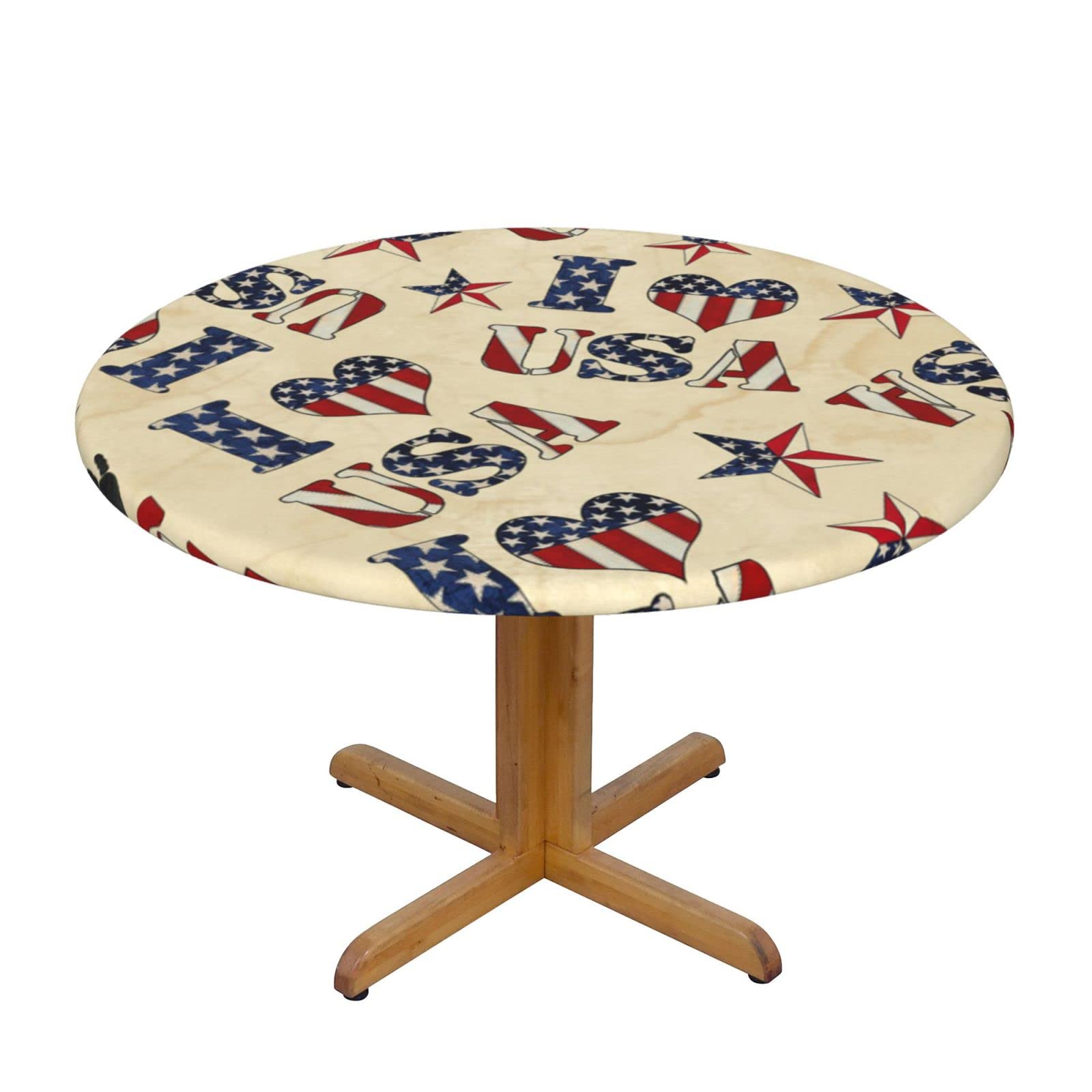 Lsjuee Round Fitted Tablecloth 45-50in Elastic Edged Table Cloth for Kitchen Dining Party Home Decor - USA Patriotic Flag Honor Beige