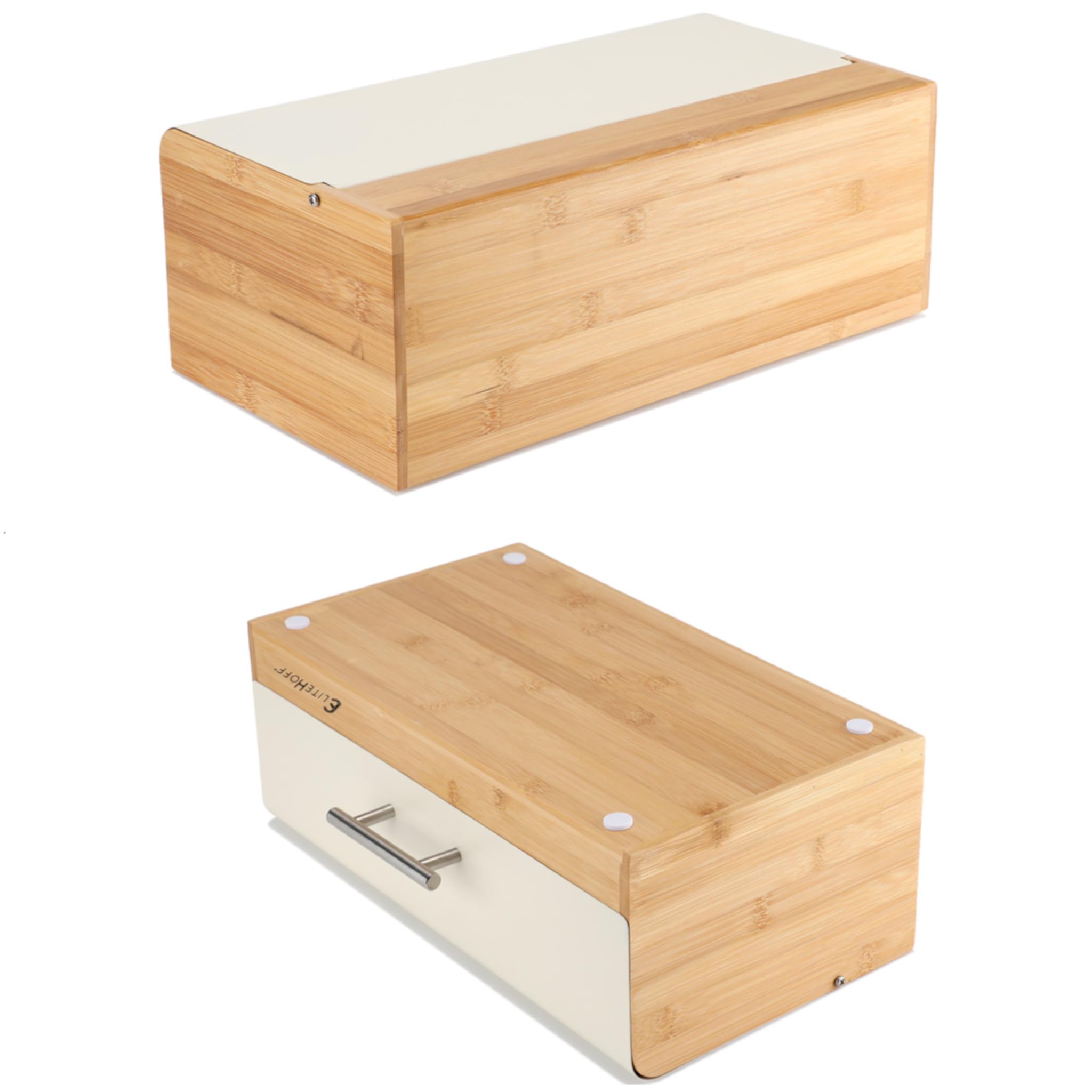 EliteHoff panera bambú metal, panera 36 x 20 x 14 cm, contenedor de almacenamiento de pan de bambú y metal, canasta de pan (beige)