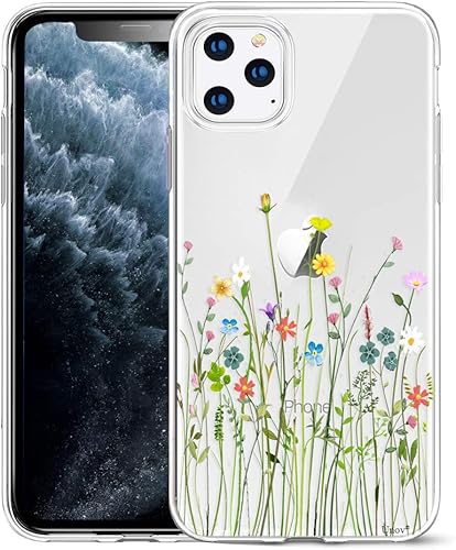 Unov Funda compatible con iPhone 11 Pro, transparente, con diseño delgado, protector suave de TPU a prueba de golpes, patrón de flores en relieve de