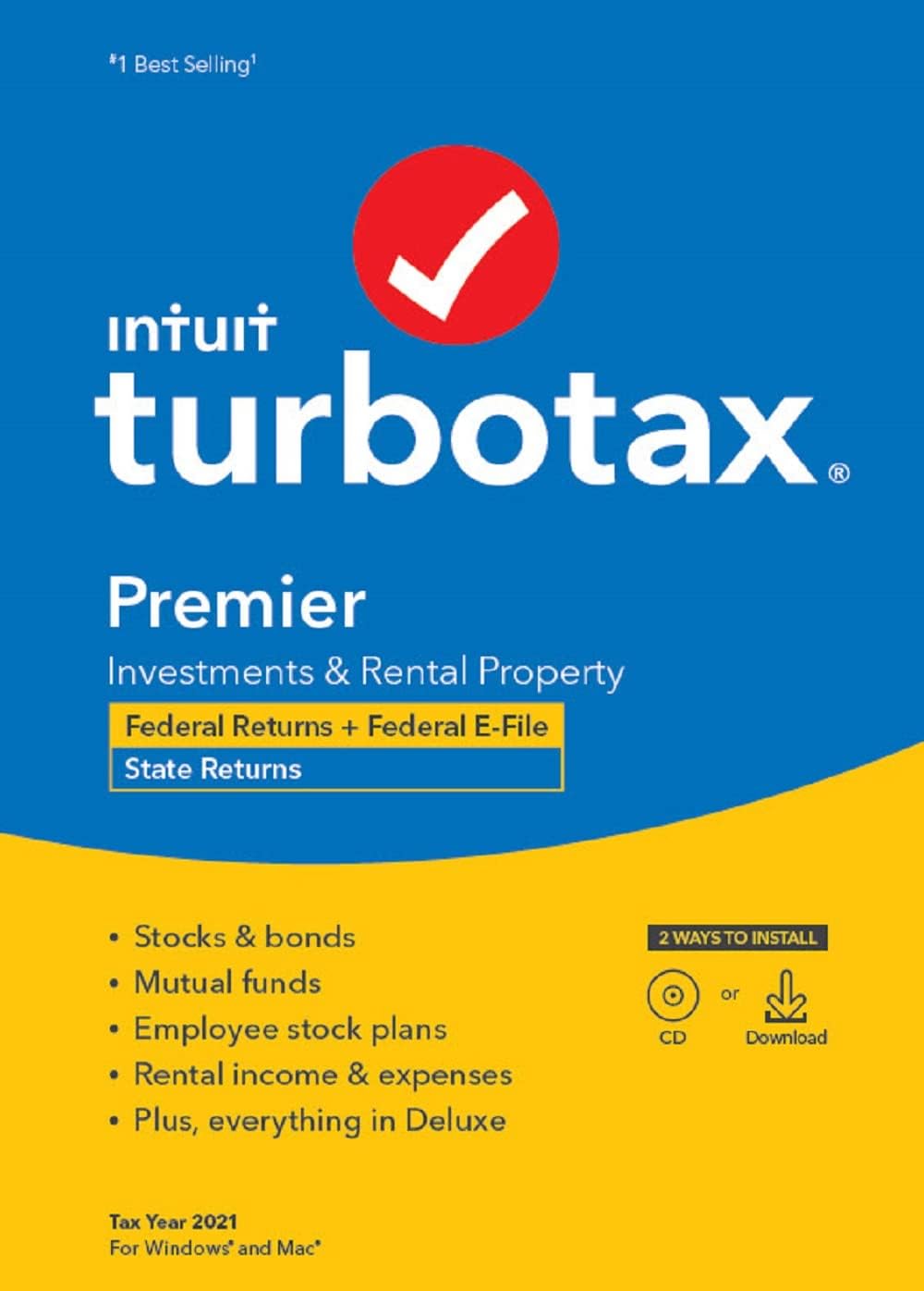 [Old Version] TurboTax Premier 2021 Tax Software, Federal and State Tax Return with Federal E-file [PC/Mac Disc]
