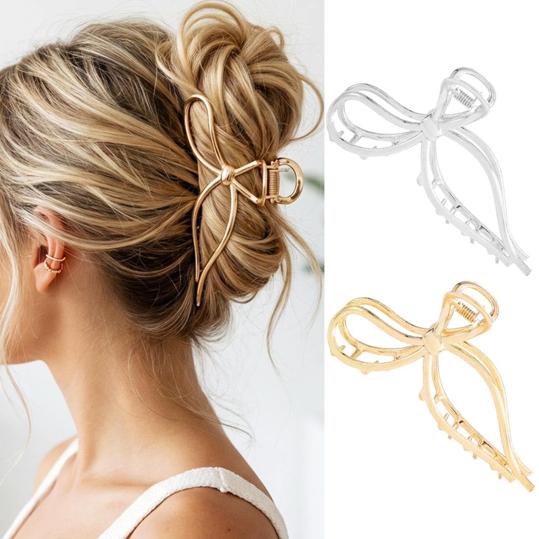 CAKURE Bow Claw Clip Gold Metal Hair Clips Medium Hair Jaw Clamps Stylish Hair Accessories for Women and Girls (Pack of 2)