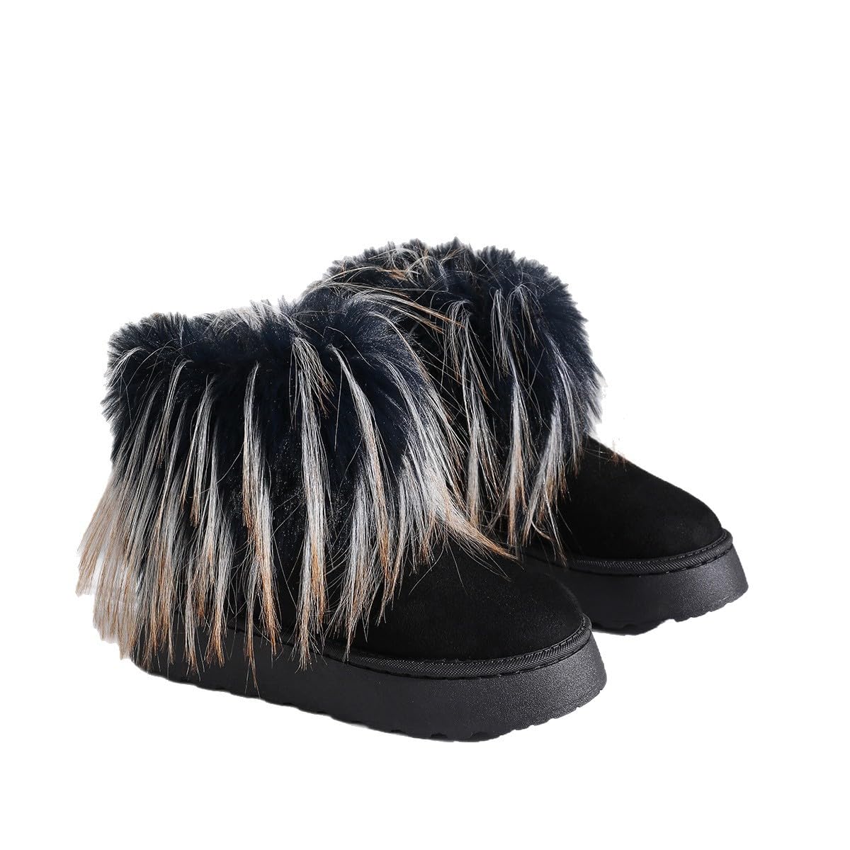 Womens Faux Fur Mid Calf Snow Boots - Round Toe Suede Warm Fur Lined Platform Flat Comfort Outdoor