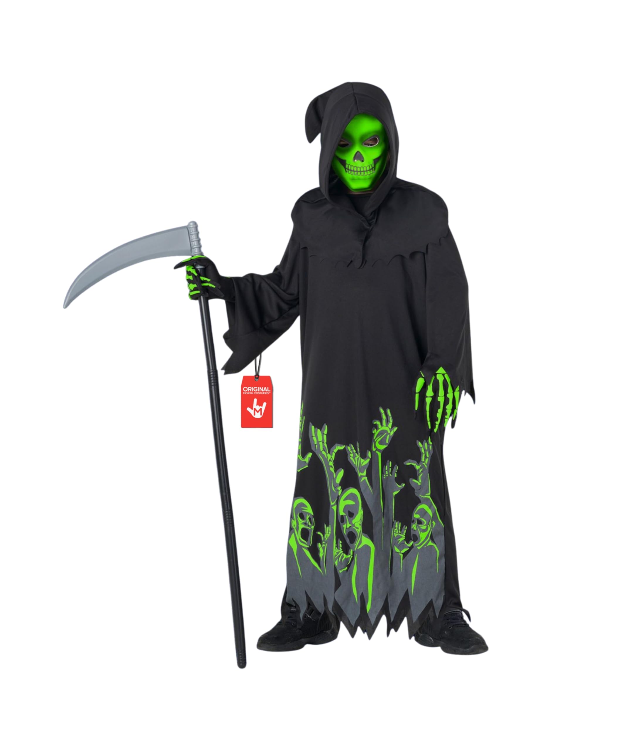HAOZHENF Costume Mietitore Halloween Bambini Completo con Falce, Maschera Scheletro e Guanti e Catena, Costume da Morte Illuminato al Buio per Ragazzi Bambino Halloween Carnevale Cosplay Vestire