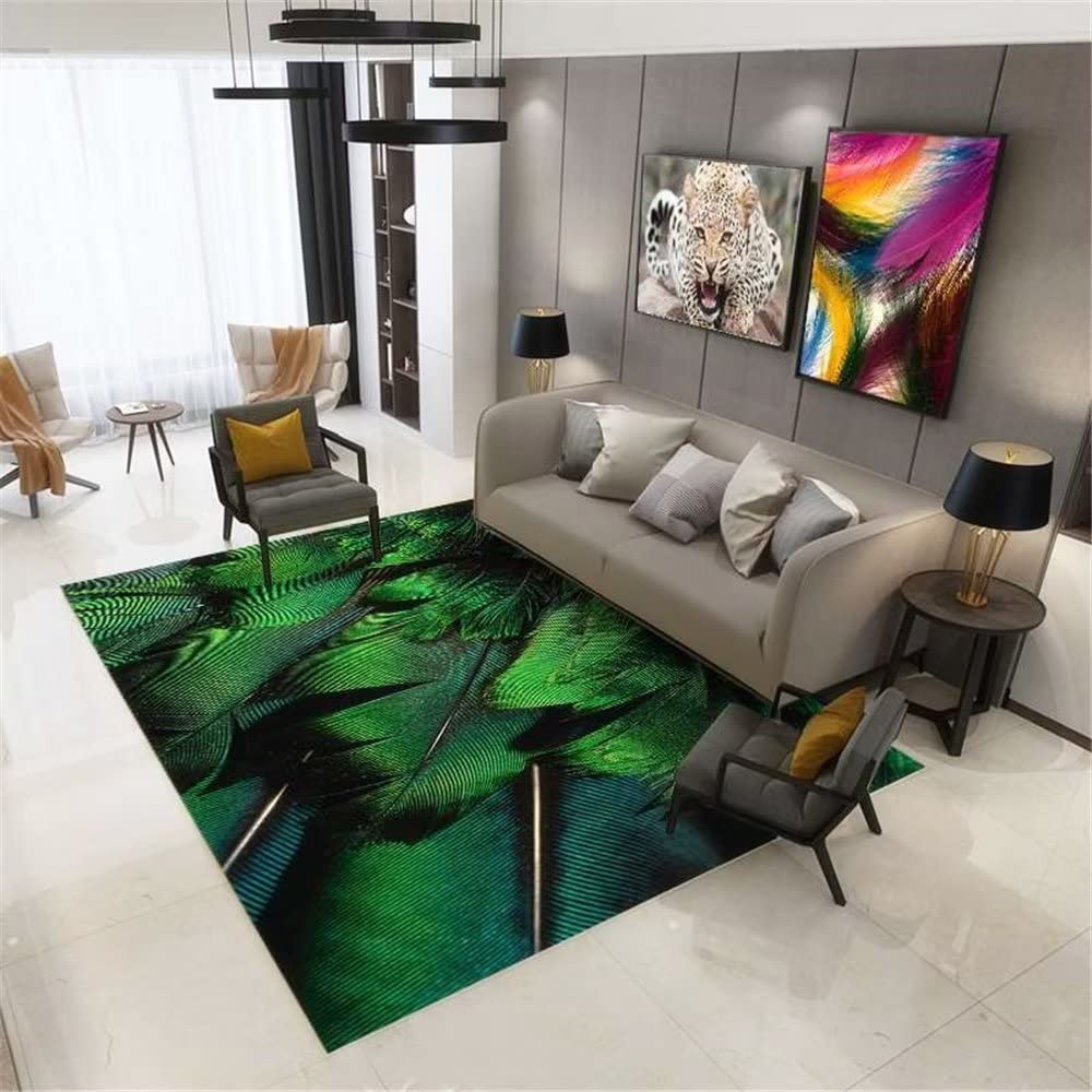 Tapis de salon vert à motif feuilles 120x180 cm lavable et antidérapant