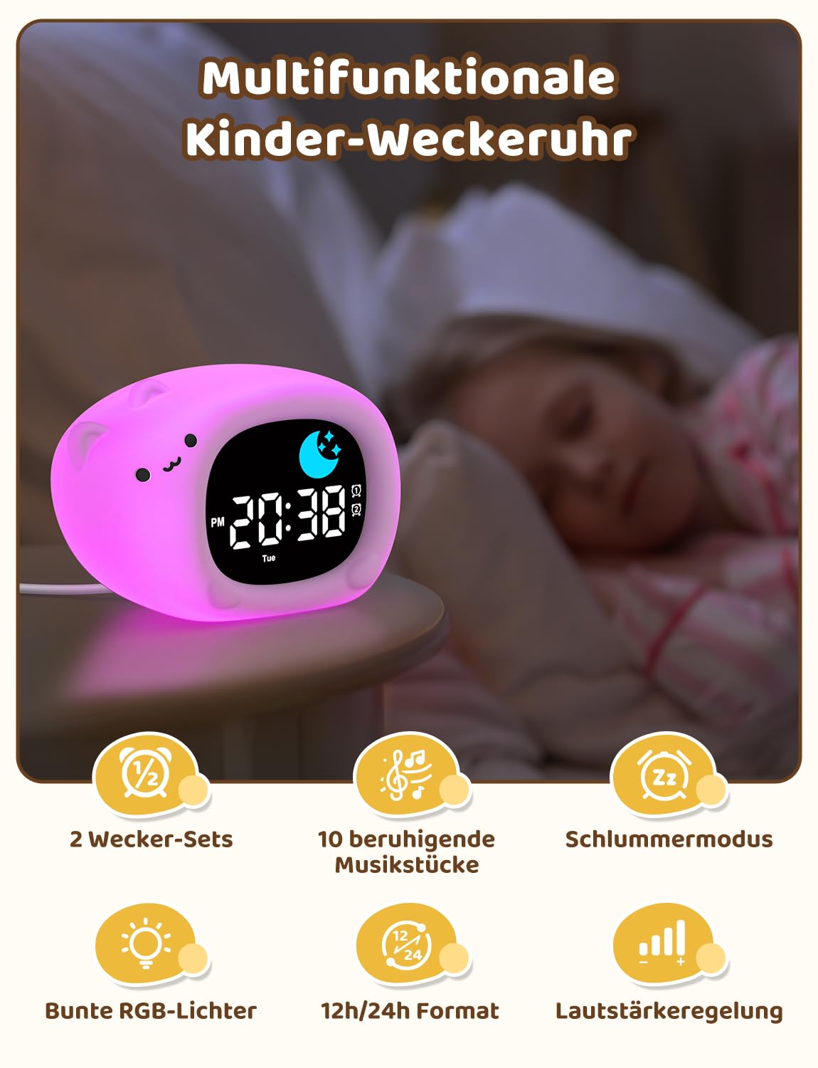 YISSVIC Lernwecker für Kinder, Tag und Nacht, 2 Alarme, 3 Weckzeiten, 12/24 Stunden, Snooze, 10 Lieder, Helligkeit des Displays, verstellbar, Lichtwecker, 7 Farben, automatische Abschaltung in