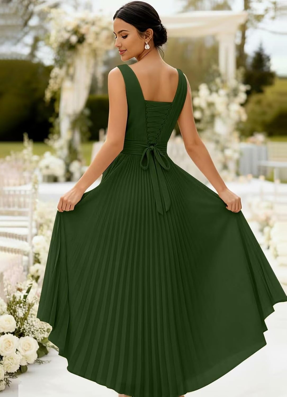 Women's V-Neck Bridesmaid Dresses with Slit for Wedding Pleated Satin High Low Long Formal Evening Dress - Image 3