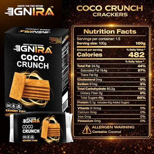 IGNIRA COCO Crunch Coconut Crackers, Crispy Plant-Based Coconut Chips, Toasted Coconut Cookie Thins, Premium Snack Treats, Creative Snacks for Adults & Kids, Savory Fire Energy Pack of 1 (1.76 oz) - Thumbnail 2