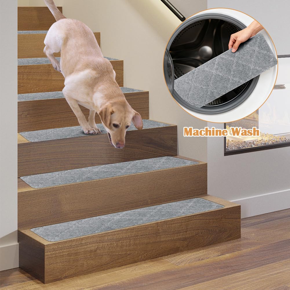Lot de 15 tapis d'escalier antidérapants et autocollants pour marches en bois, 55 cm x 19 cm, pour enfants âgés et chiens, gris clair