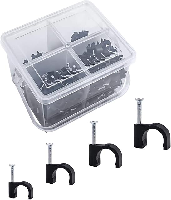 Round Cable Clips Assortment 6mm 7mm 8mm 10mm - Pack of 400, with Portable PP Box (Black)