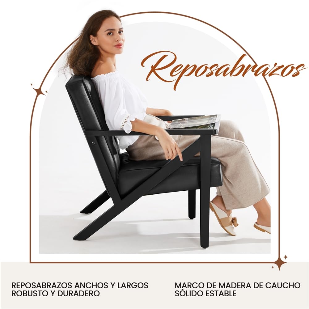 Yaheetech Sillón de Piel Sintética para Salón con Respaldo, Negro | Sillón Relax, Patas de Mader, para Sala de Estar, Oficina y Recepción, Marco de madera de caucho sólida