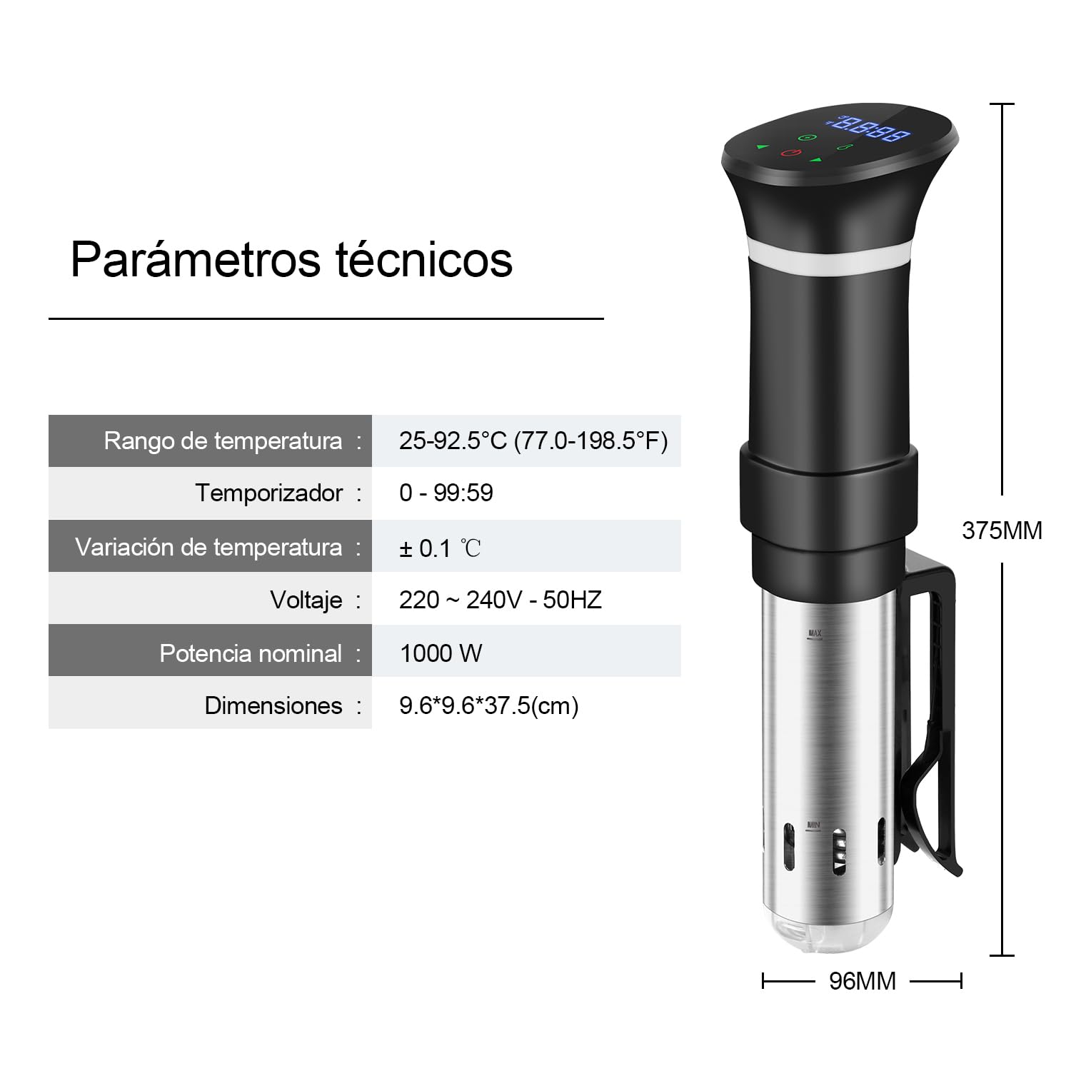 Sous Vide Garer Sous Vide Stick de acero inoxidable, olla de cocción lenta con pantalla táctil LED, 1000 W, con ajuste preciso de temperatura y temporizador, incluye libro de recetas, gris