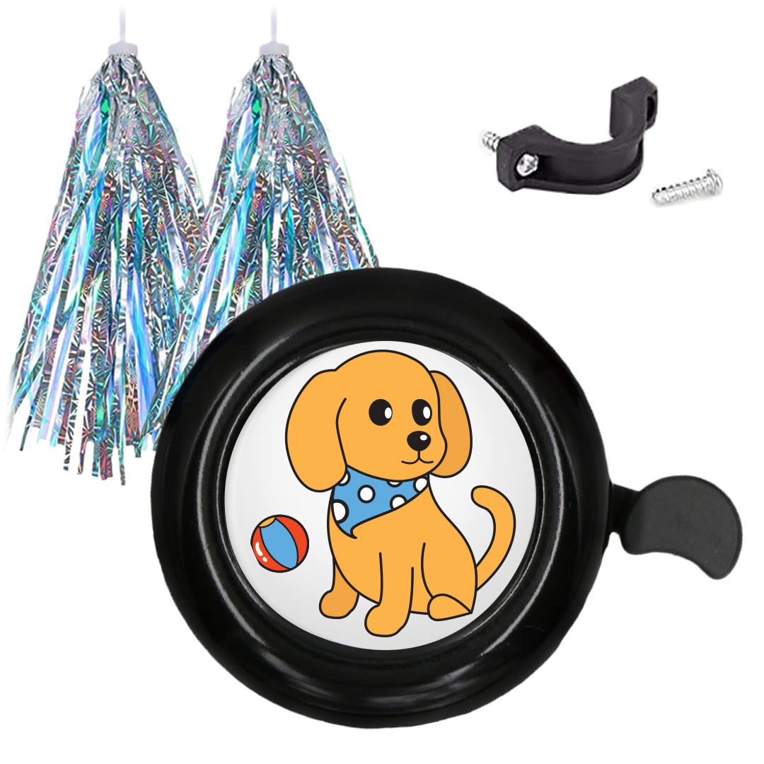 Cute Doggy Bike Bells with Bike Streamers Labrador Bicycle Bell with Bike Tassel Kawaii Puppy Bicycle Bike Bell Kids Bike Accessories Black