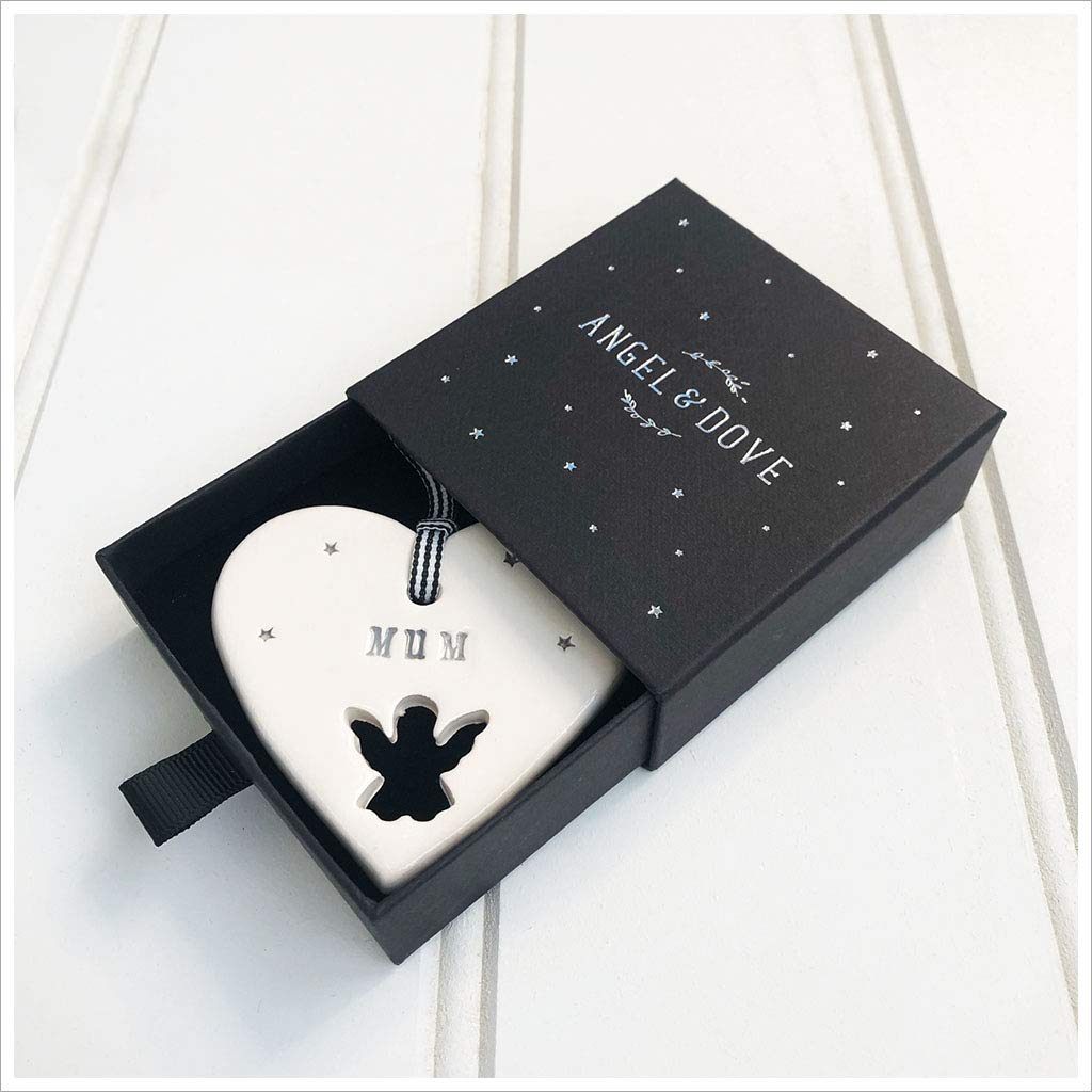 ANGEL & DOVE 'Mum' Handmade Ceramic Heart Memorial Decoration in Luxury Gift Box