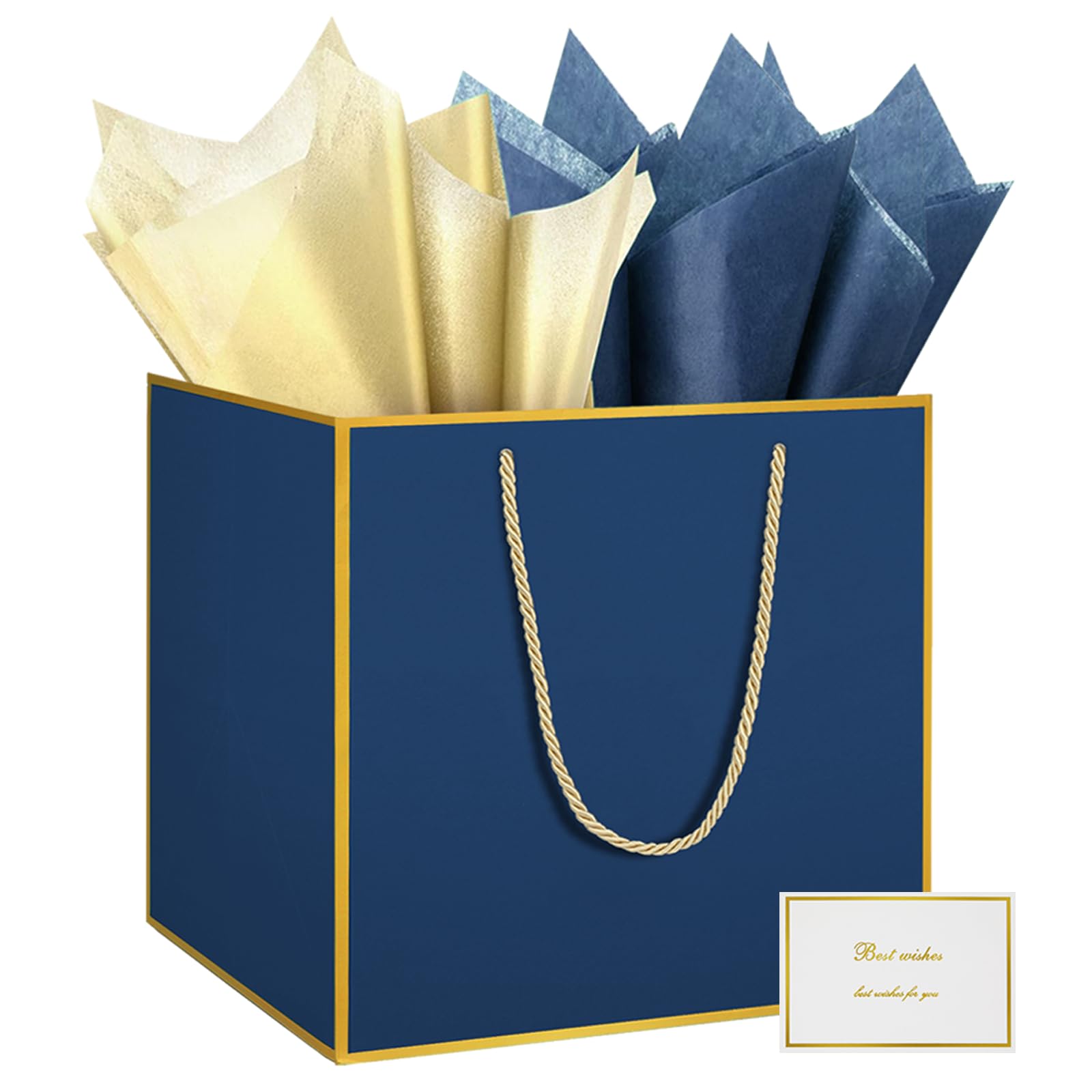 HONTIUS 11.8'' Extra Large Black Gift Bag Bags, Blue Square Giant xl Gift Bag with Tissue Paper and Card for Wedding Birthday Presents Christmas Gifts