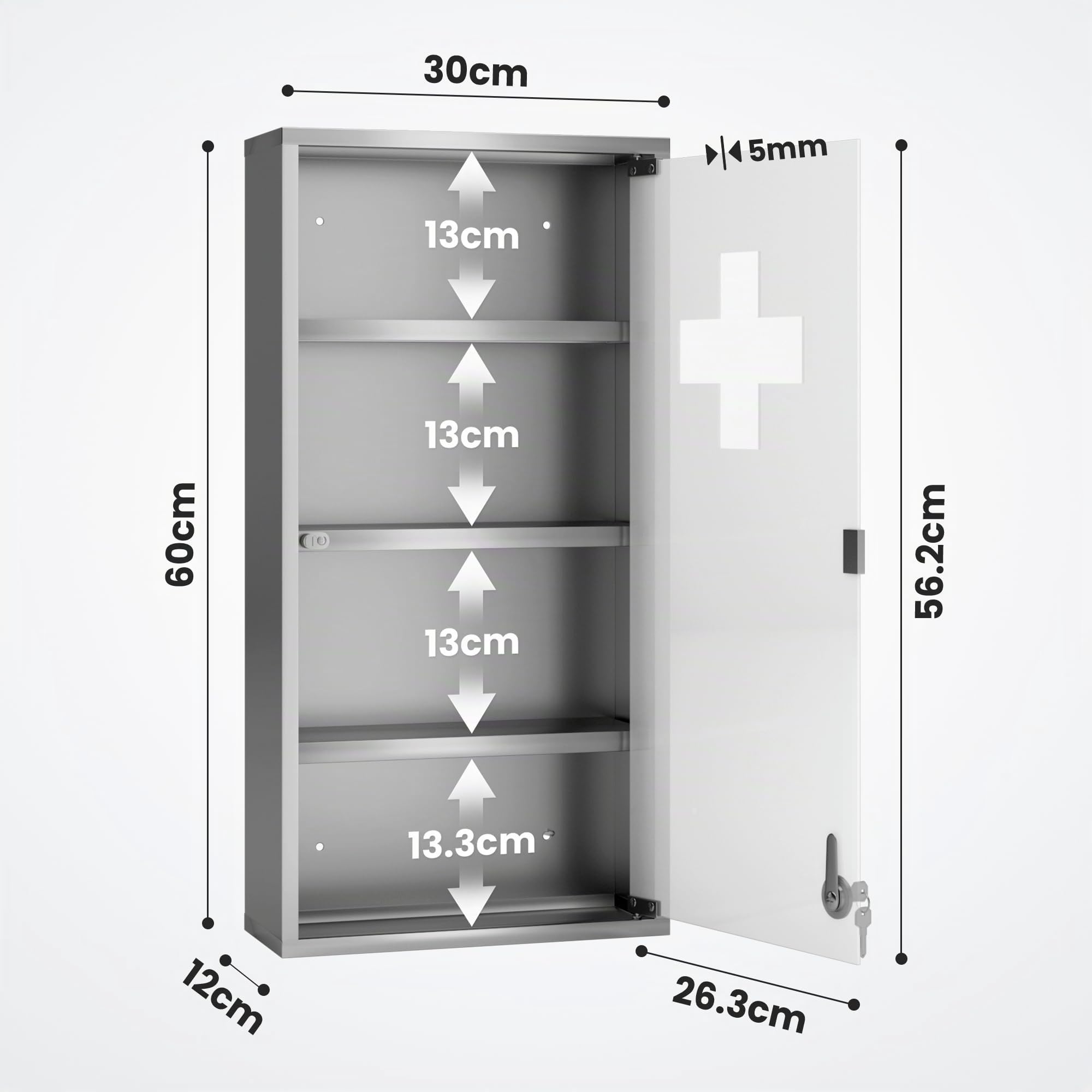 Jago® Armadietto per Medicinali - 4 Ripiani, Porta di Vetro, con 2 Chiavi, 30x12x60cm, Acciaio, da Bagno - Pensile Farmaci, Cassetta Porta Medicine, Armadio Pronto Soccorso