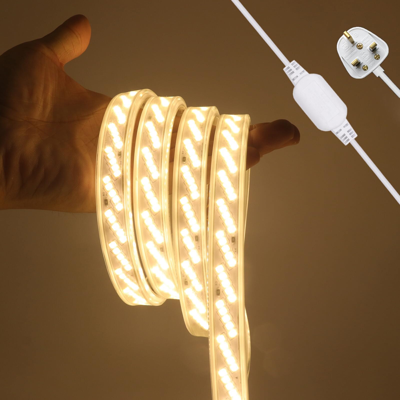 KAFULA AC220V Oblique Five-Row LED Light Strip, IP65 Waterproof and Flexible, 320 LEDs/M 25m Warm White 3000K Super Bright LED Fairy Light CRI90+, can be Cut Every 50cm, Home Decoration