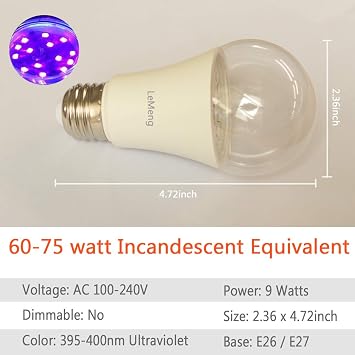 LED Black Lights Bulb 9W Blacklight A19(75Watt Equivalent), E26 Medium Base 120V, UVA Level 395-400nm, Glow in The Dark for Blacklights Party, Body Paint, Fluorescent Poster- 3 Pack