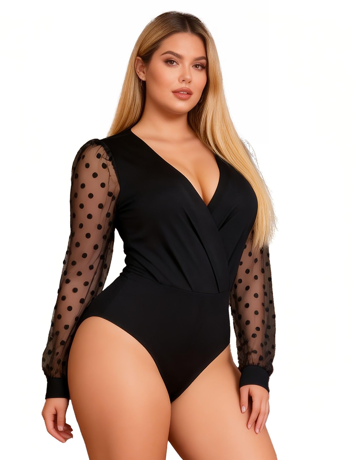 Women's Bodysuit Long Sleeve Polka Dot Mesh Body Suit Sexy Deep V Neck Leotard with Brooches for Adjustable Neckline,Plus Size Black Going Out Tops