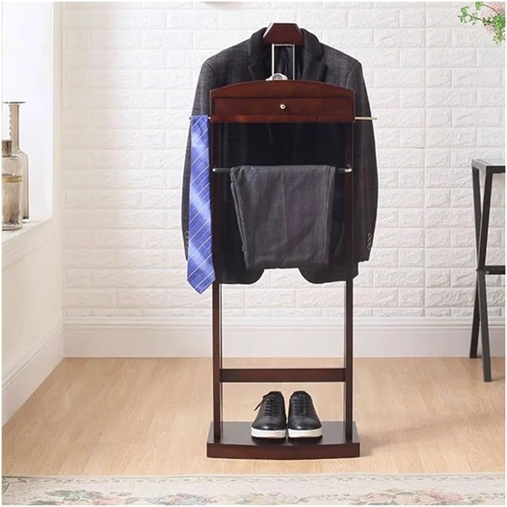 Suit Valet Stand Floor Standing Clothes Valet Suit Hanger Rack with Drawer Suit Coat Stand Storage Wooden for Hallway Dressing Room