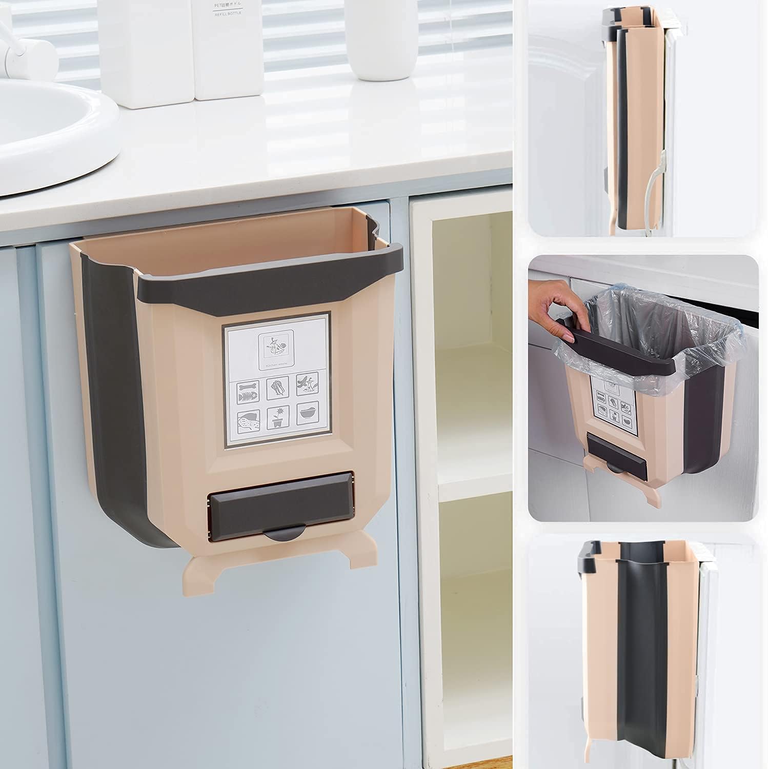 Hanging Kitchen Trash Can Folding Trash Can, Wall Mounted Folding Waste Bin, Hanging Garbage Can for Kitchen Cabinet Door, Foldable Plastic Car Bathroom Waste Basket (L-Khaki)