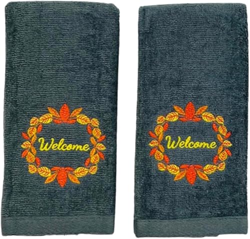 Toallas decorativas para la punta de los dedos de la cosecha de otoño linda corona de bienvenida en felpa suave algodón gris naranja, juego de 2 12