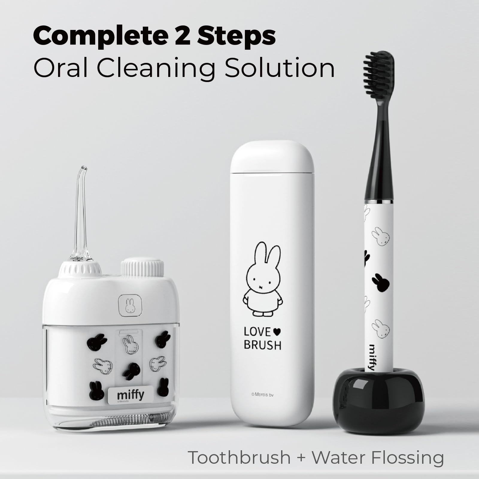 Miffy MIPOW Brush GO i4 Set combinato di spazzolino elettrico e mini idropulsore, spazzolino sonico sottile ricaricabile con custodia da viaggio e dock in ceramica, kit per l'igiene orale da viaggio