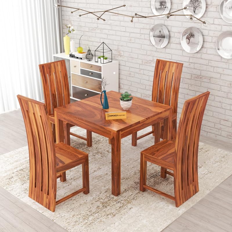 Image of Solid Sheesham Wood Dining Room Sets 4 Seater Dining Table with 4 Chairs for Dining Room, Living Room, Kitchen, Hotel, Restaurant, Cafeteria-(Zinor,Honey)