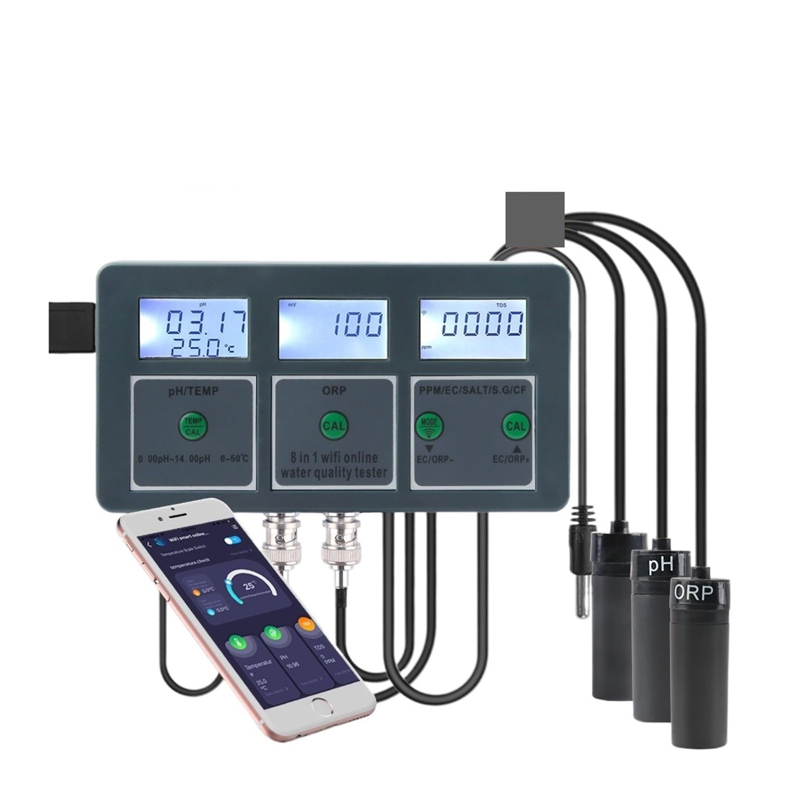 Kit de análisis de suelo, Medidor de calidad del agua for acuario Tuya con WiFi 8 en 1, medidor intelinte de pH, ORP/TDS/EC/SALT/TEMP, monitor for agua potable y piscina.