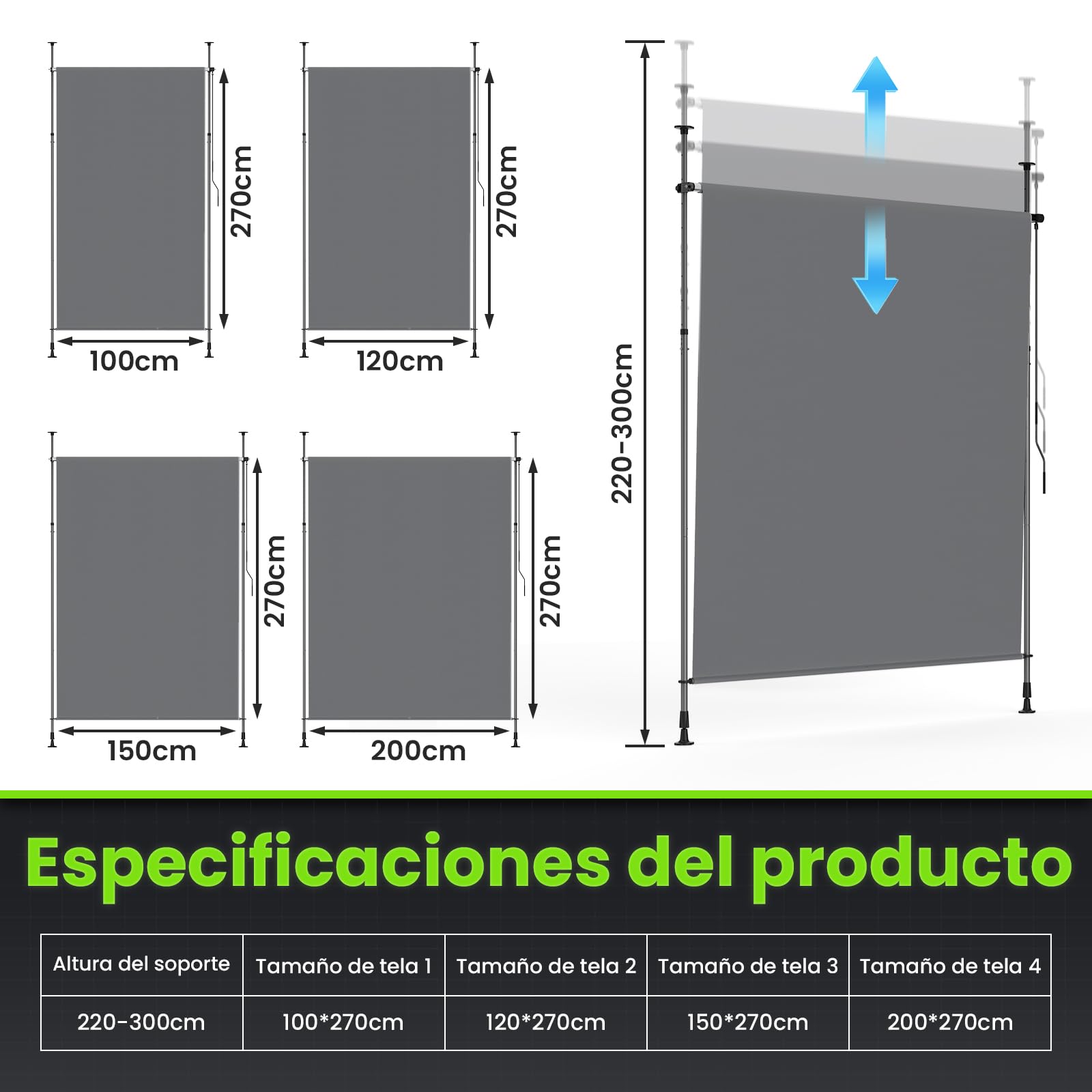 YEAUPE Pro Toldo Vertical Exterior, 100 x 300 cm, Gris Oscuro, sin Agujeros, toldo con Pinza, con manivela, Adecuado para balcón, terraza, Exterior y jardín, protección Visual Resistente a la
