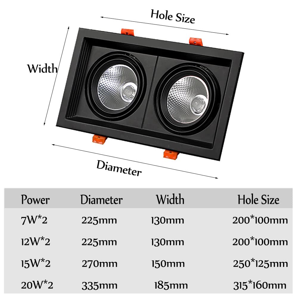 Piezas de Luces LED de Rejilla cuadradas de Doble Cabezal Foco empotrable Tipo Globo Ocular Foco de Aluminio con Rejilla empotrada Foco COB luz empotrada,12 W x 2 Luces Blancas