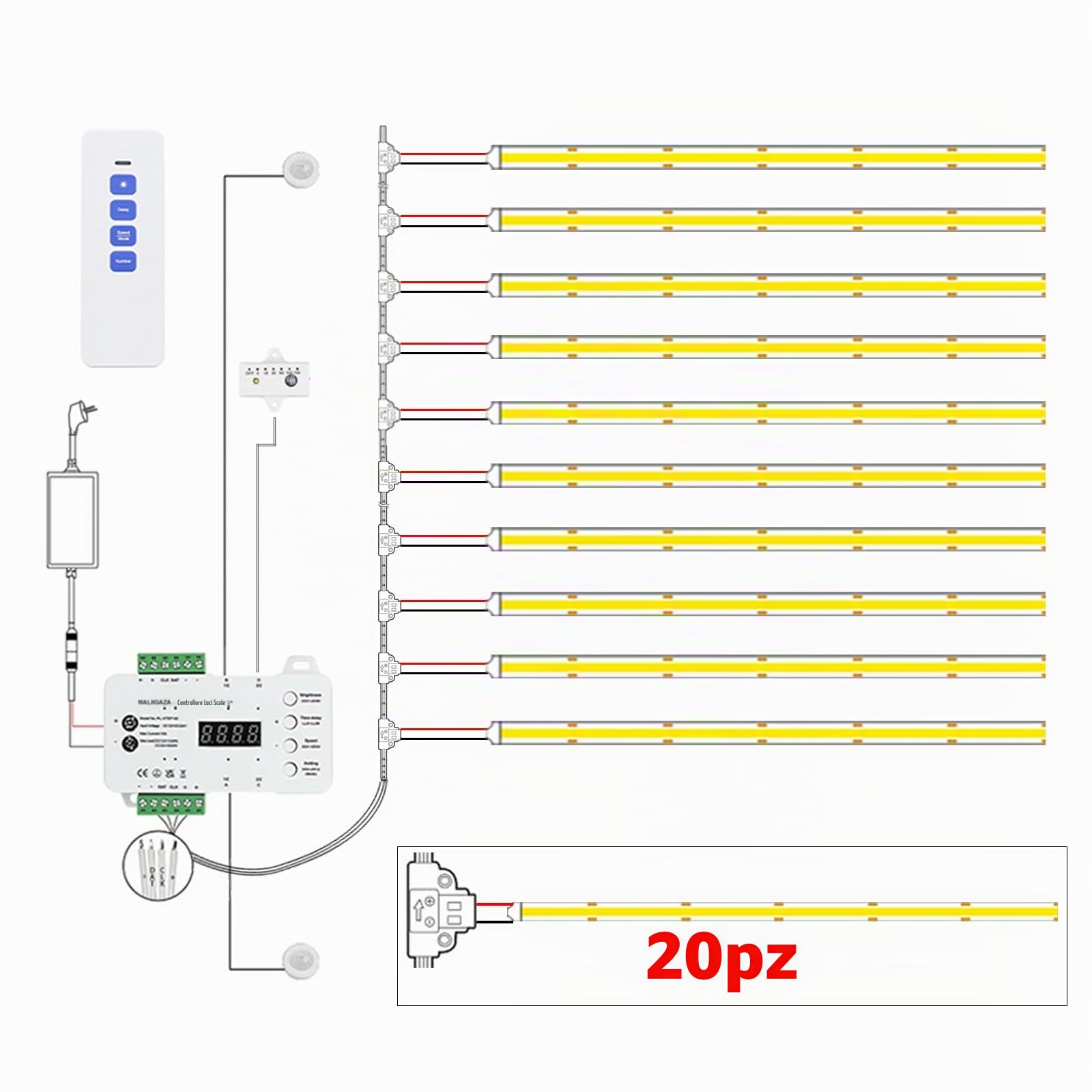 Illuminazione intelligente per scale, 20 livelli, luce bianca calda, 3000 K, LED COB con sensore di movimento e sensore di luce, sistema di illuminazione intelligente per interni, automatico e a