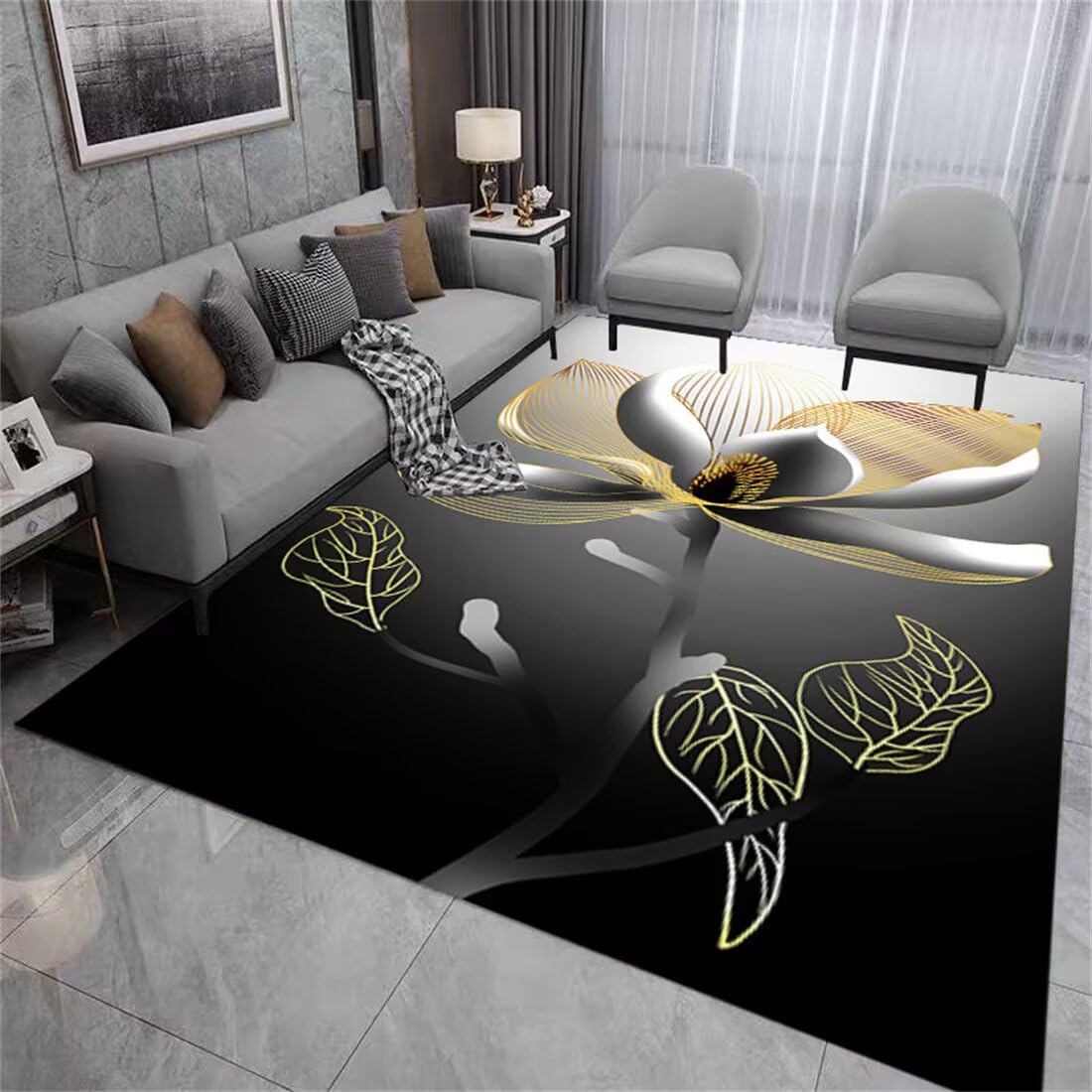 Tapis gris à motif feuilles parfait pour la chambre de bébé ou une entrée accueillante