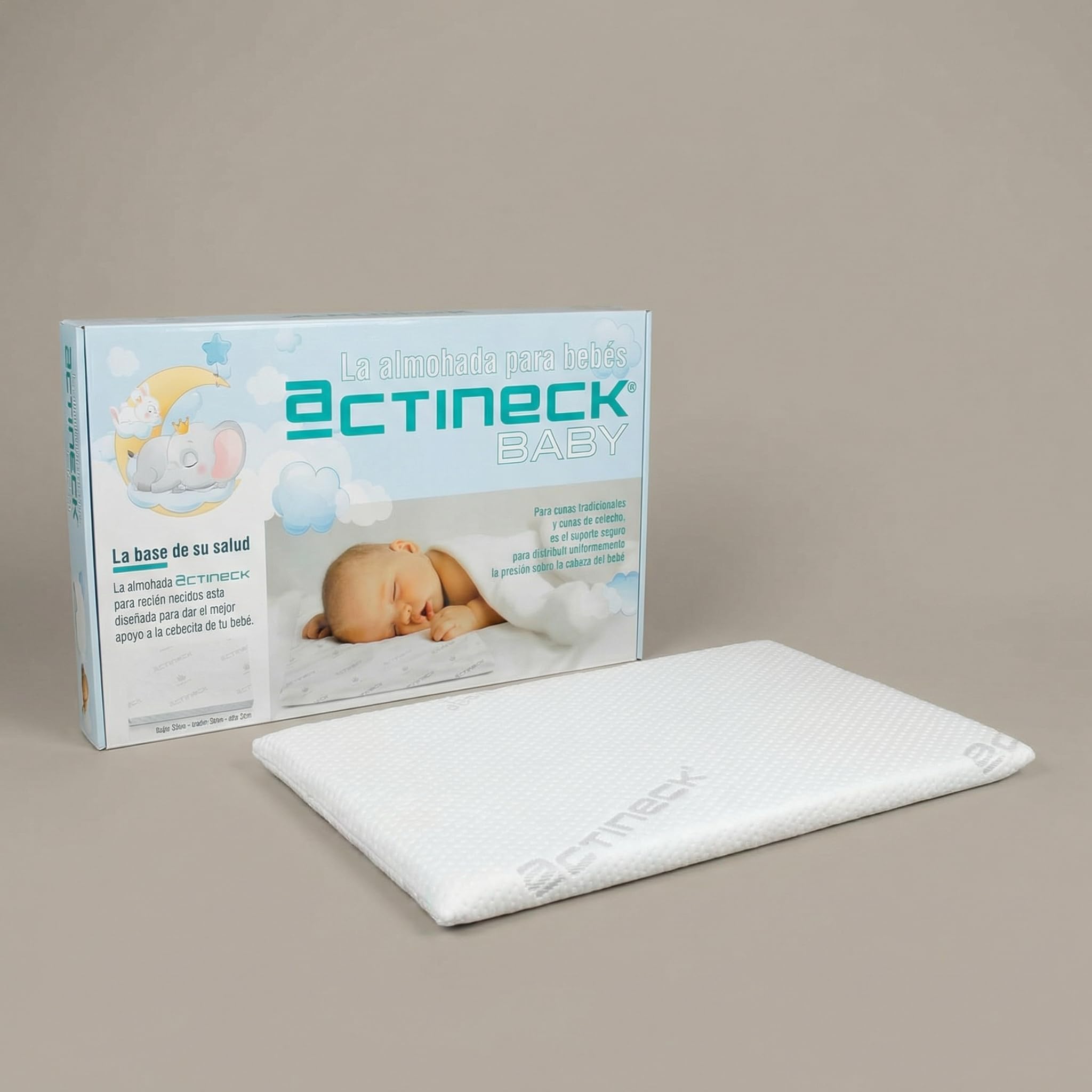 ACTINECK Almohada Bebé Baby 55x30x3cm - Transpirable, Hipoalergénica y Antiescaras - Funda Lavable e Hidrófuga - Fabricada en España para Recién Nacidos