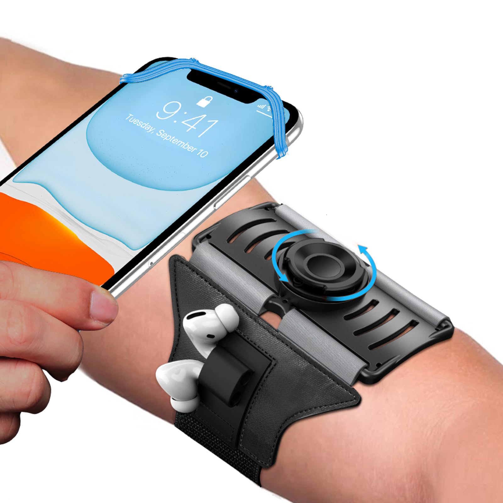 VUP Running Armband 360°Rotatable for iPhone 15/14/13/Pro Max/Pro/Mini/12/11/SE/8/7/Plus, Fits All 4-6.7 Inch Smartphones, with Key Holder Phone Armband for Running Hiking Biking (Blue-Detachable)