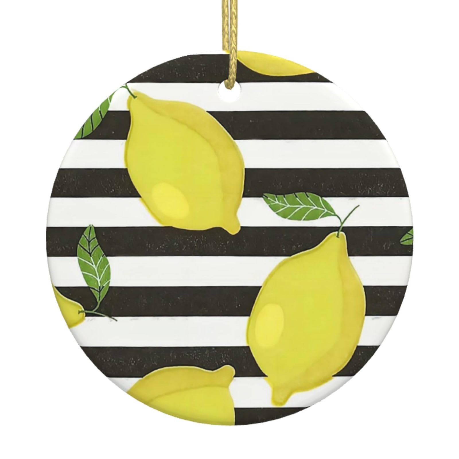 Blue Stripe And Lemon Print Christmas Ornaments, Ceramic Hanging Ornament, Round Shape Decorations